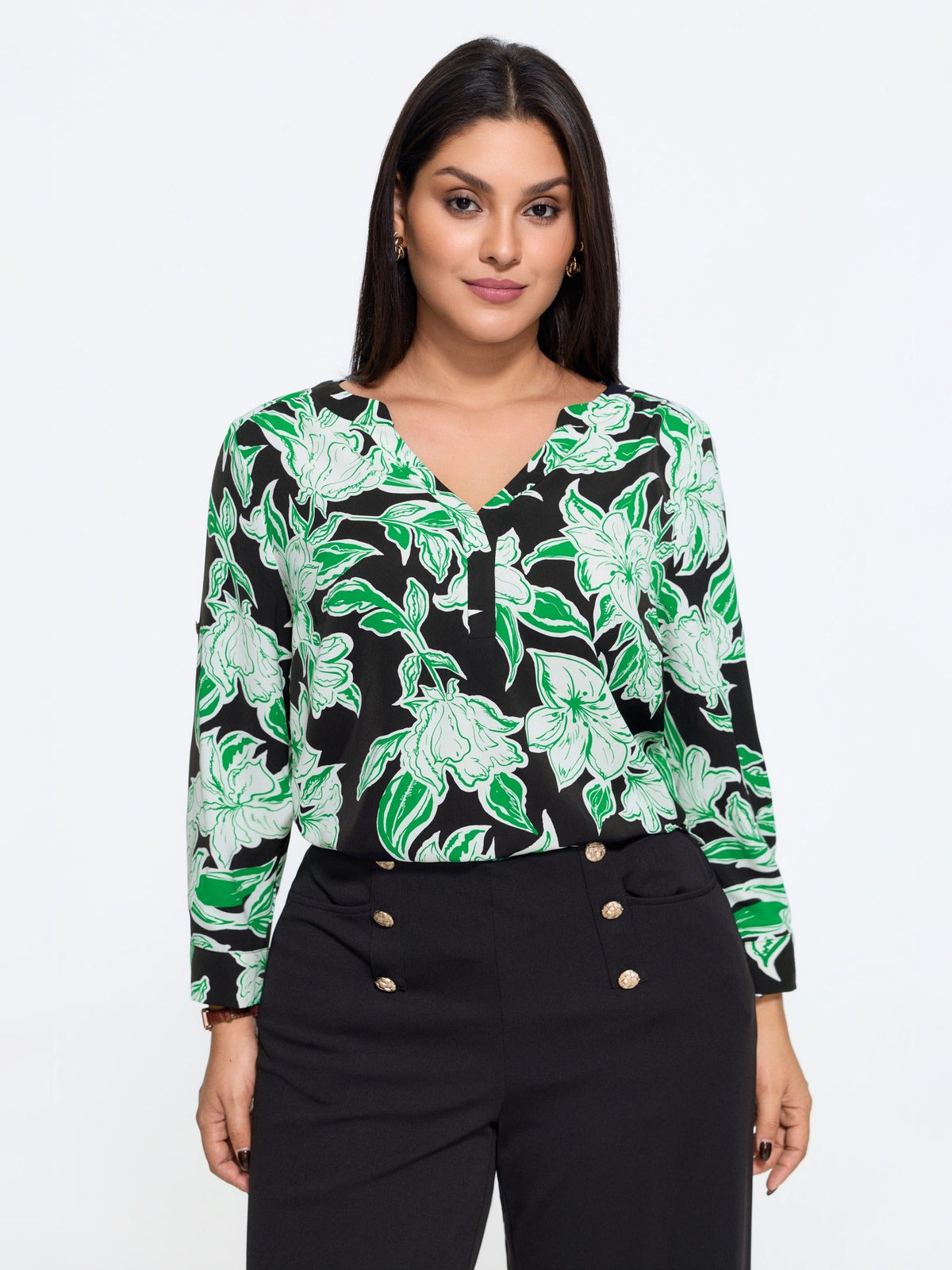Floral Print V Neck Curved Hem Blouse