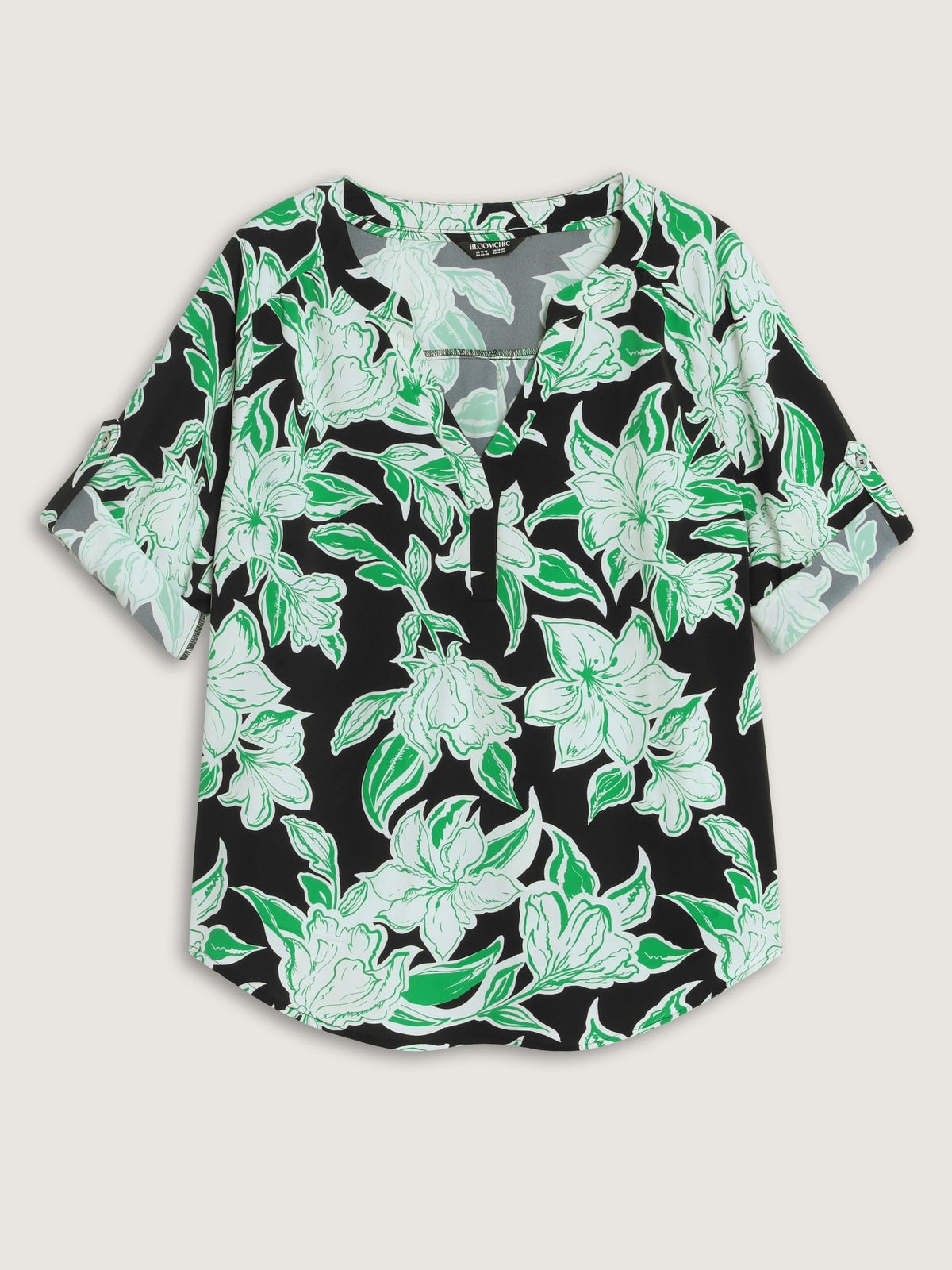 Floral Print V Neck Curved Hem Blouse