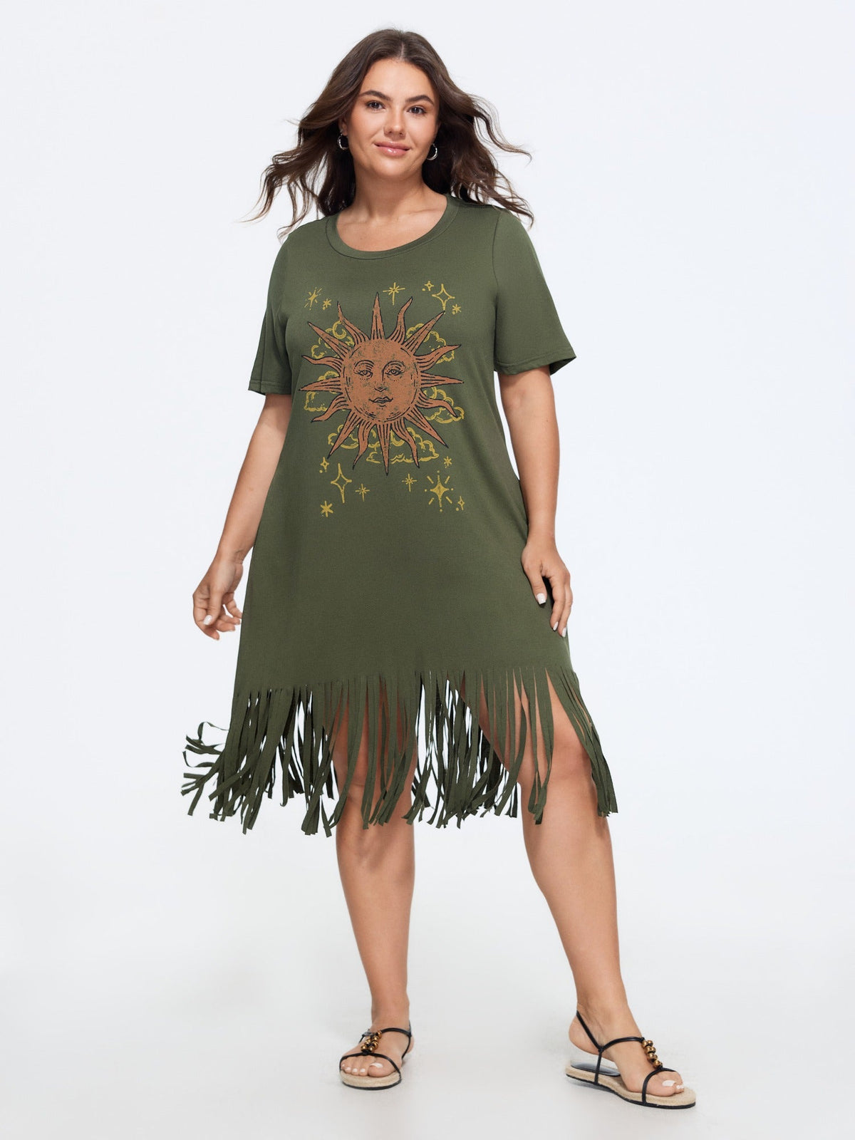Sunkissed Print Fringe Hem T-Shirt Midi Dress