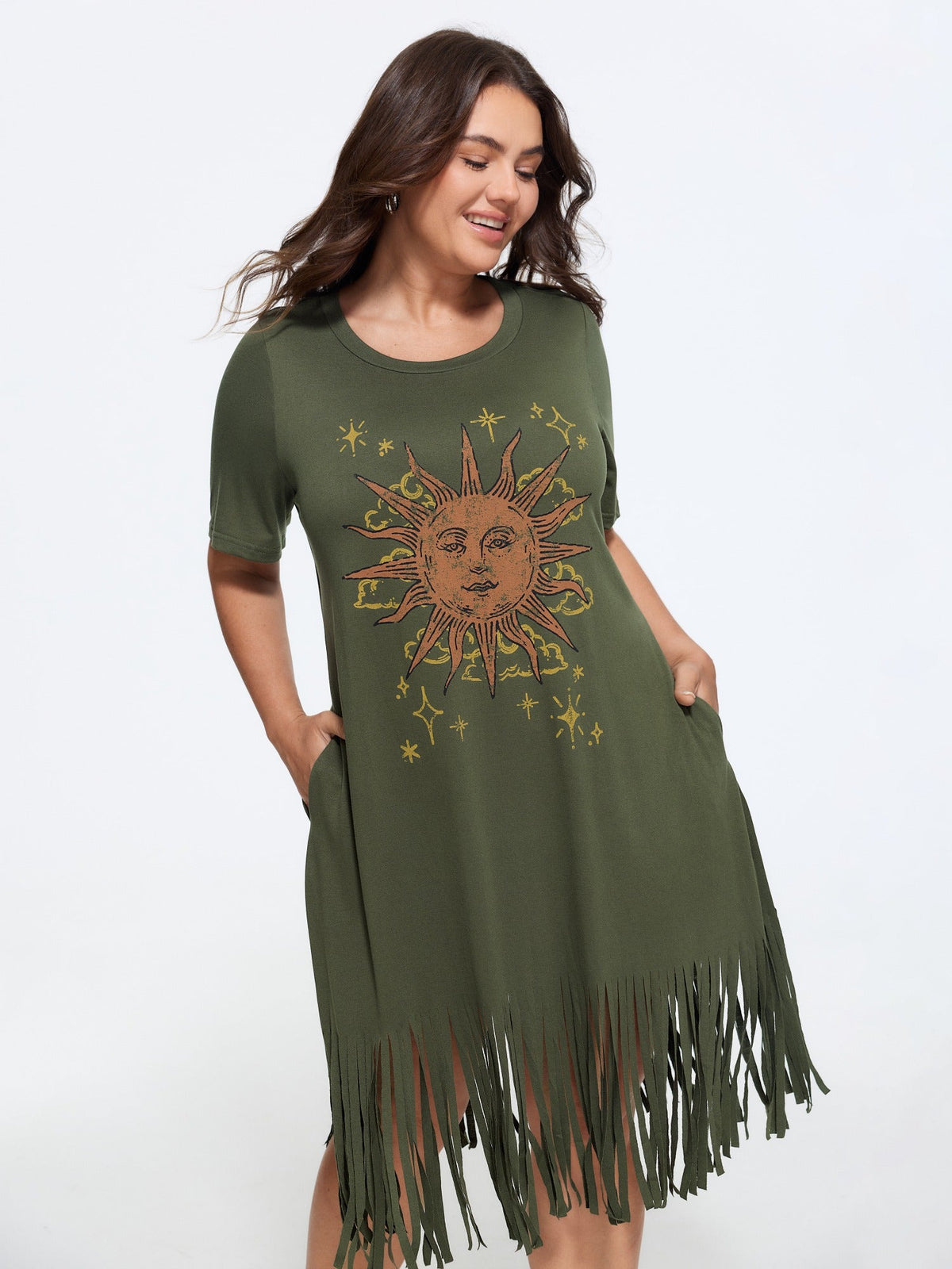 Sunkissed Print Fringe Hem T-Shirt Midi Dress
