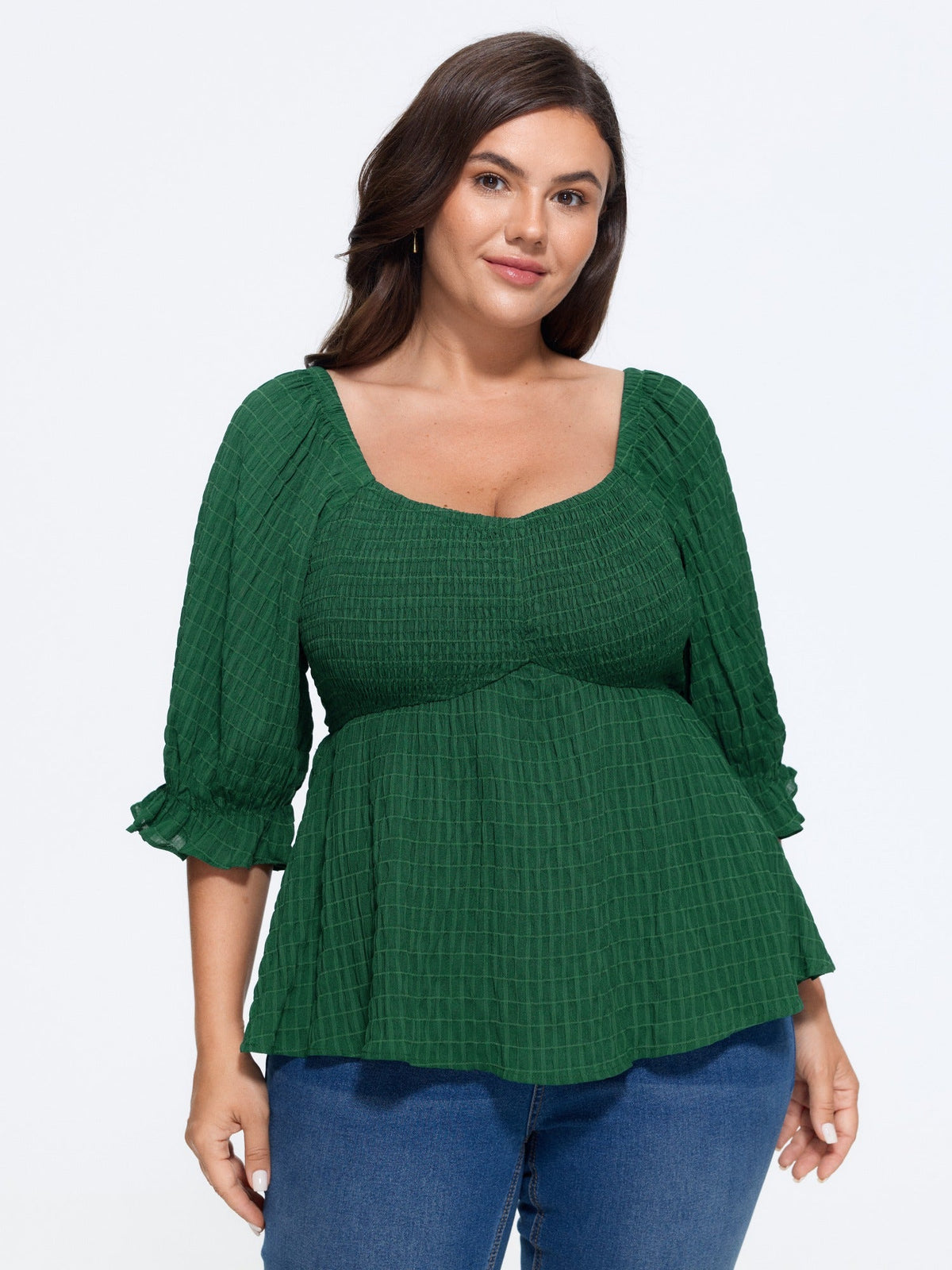 Textured Square Neck Shirred Peplum Blouse