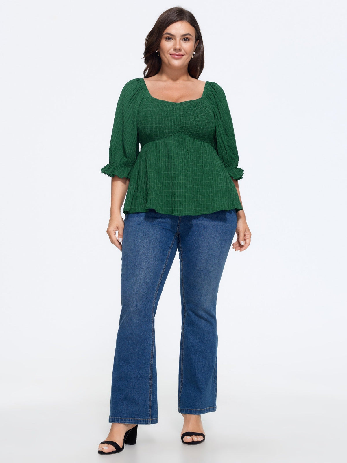Textured Square Neck Shirred Peplum Blouse