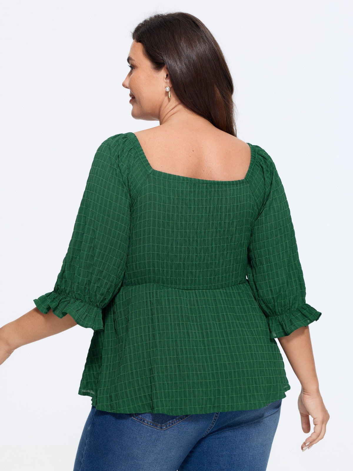 Textured Square Neck Shirred Peplum Blouse