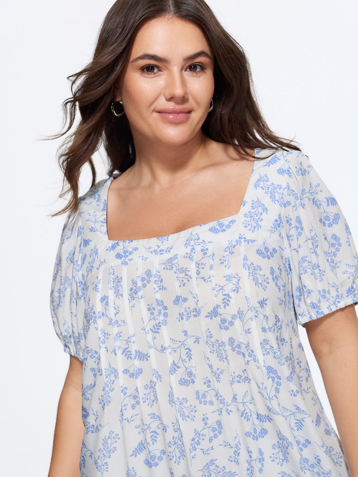 Supersoft Floral Print Square Neck Pleat Blouse