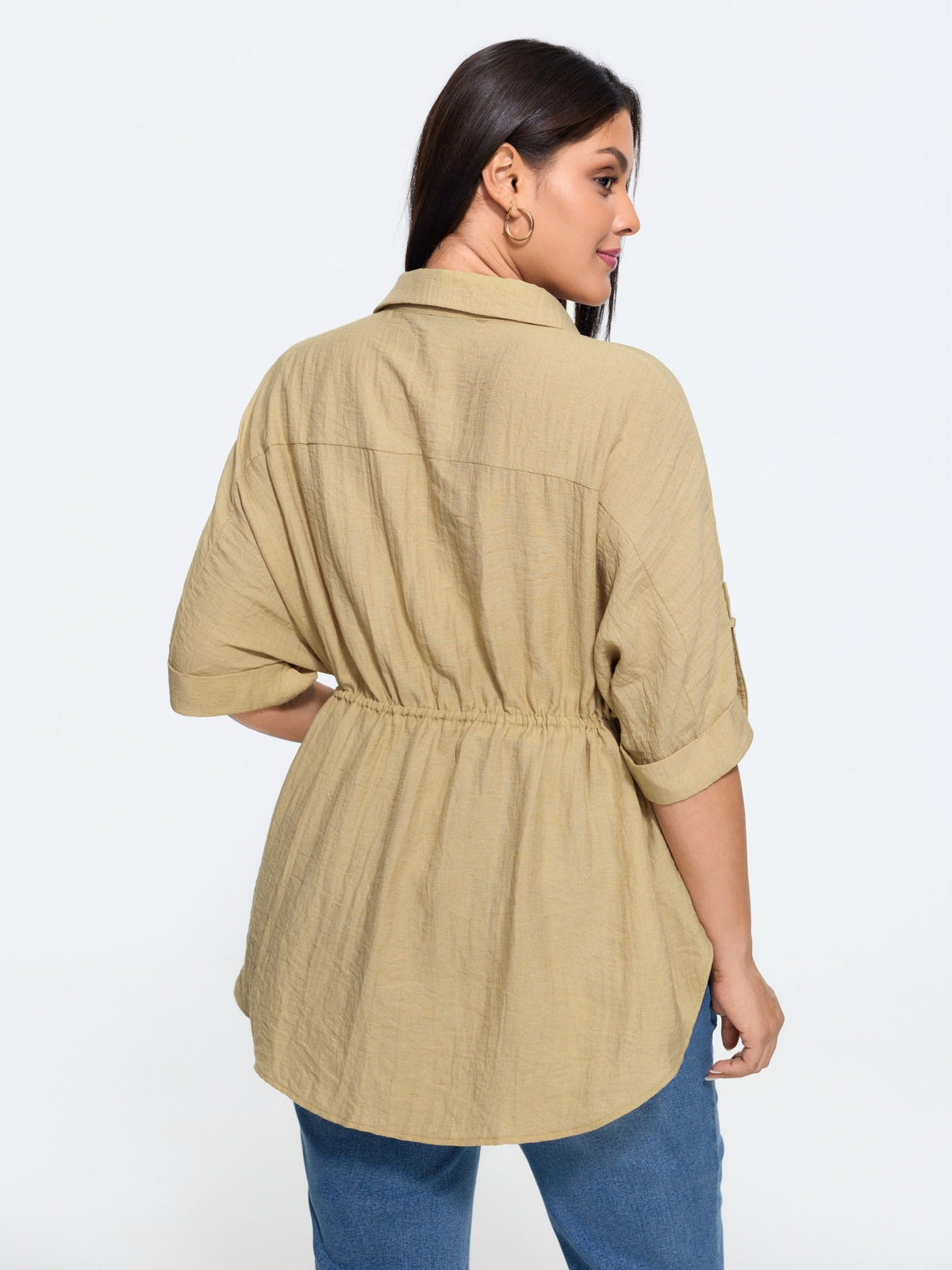 Roll Tab Sleeve Drawstring Waist Blouse