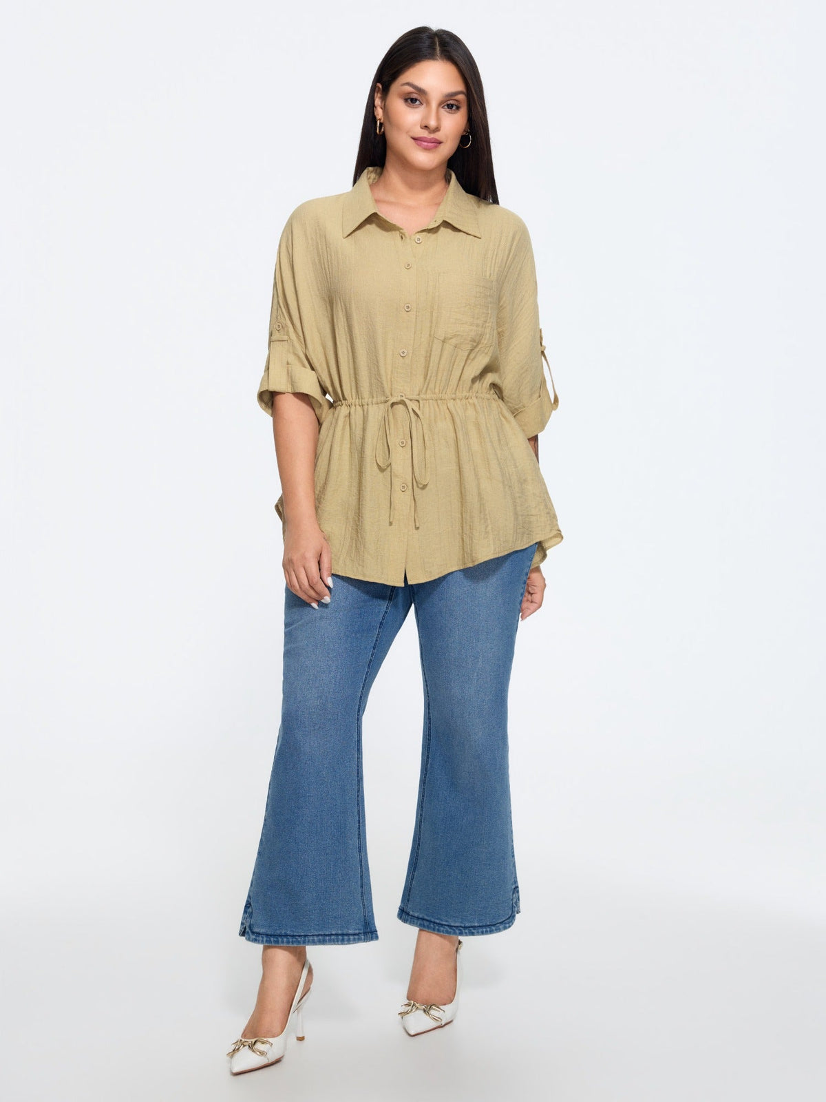 Roll Tab Sleeve Drawstring Waist Blouse