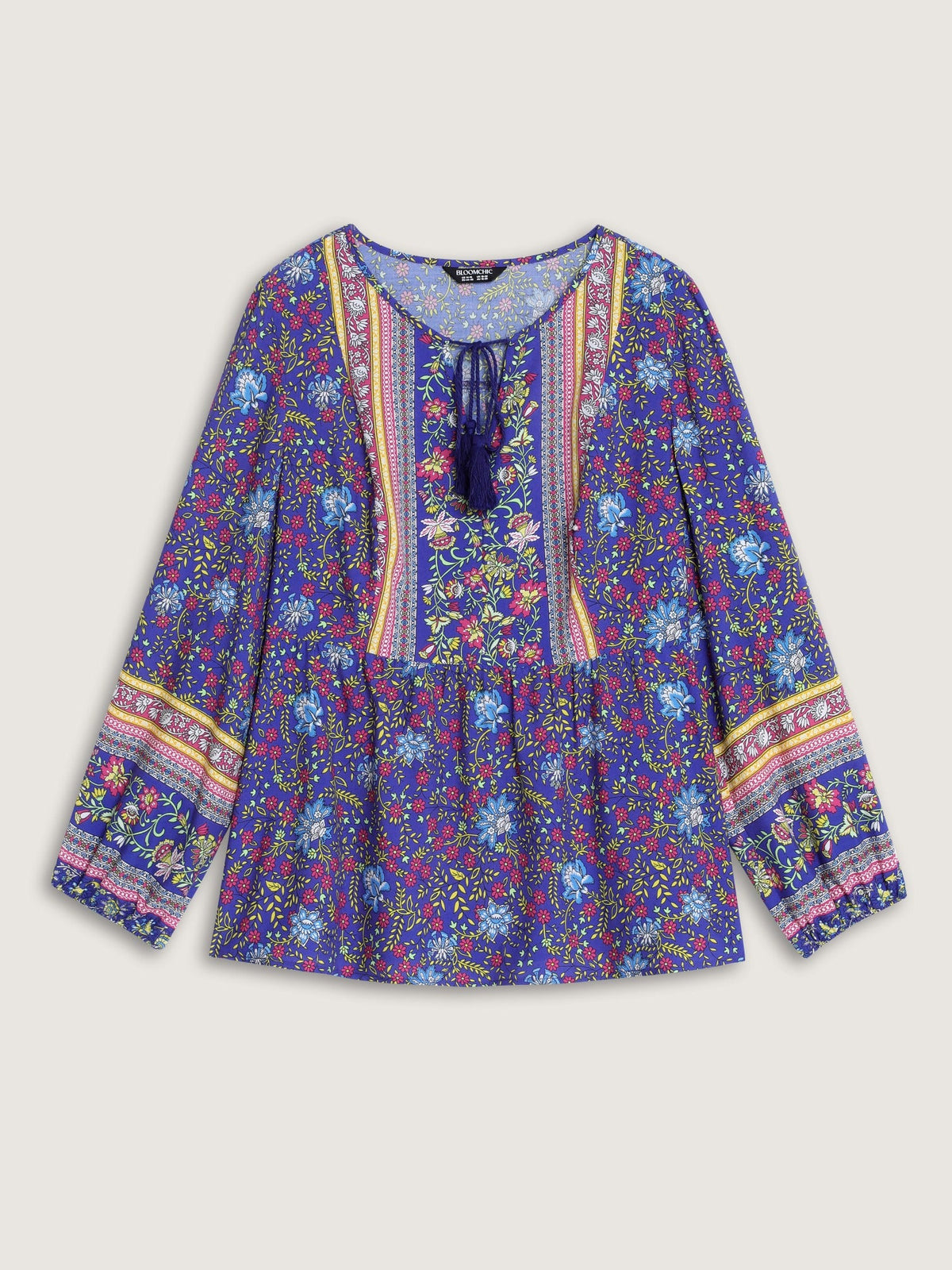 Boho Floral Print Tassel Tie Blouse