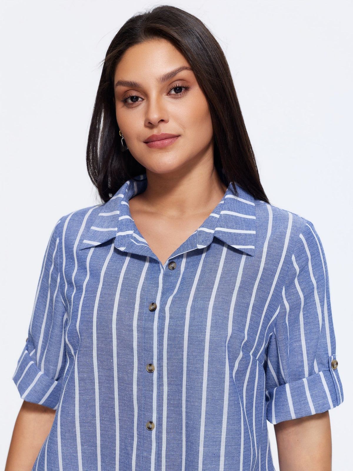 Stripe Print Button Front Tab Sleeve Blouse