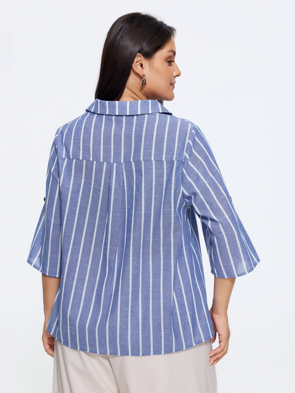 Stripe Print Button Front Tab Sleeve Blouse