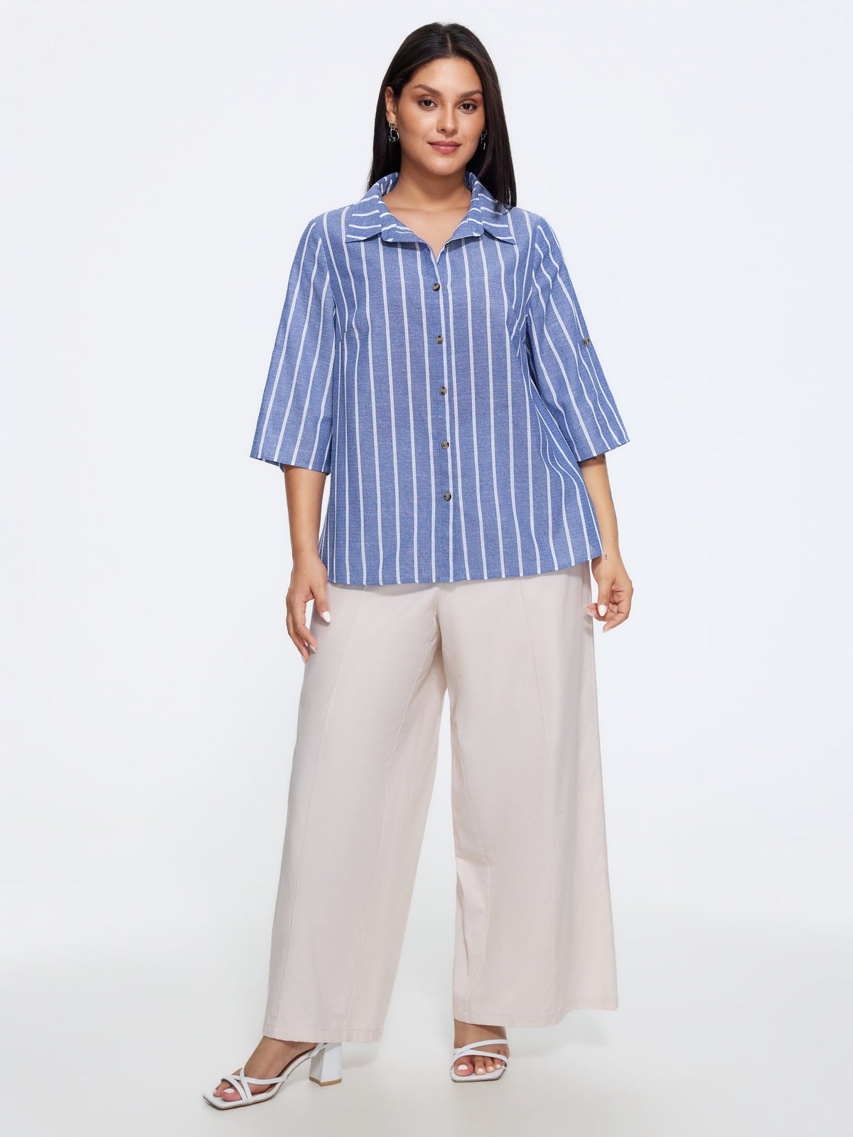 Stripe Print Button Front Tab Sleeve Blouse