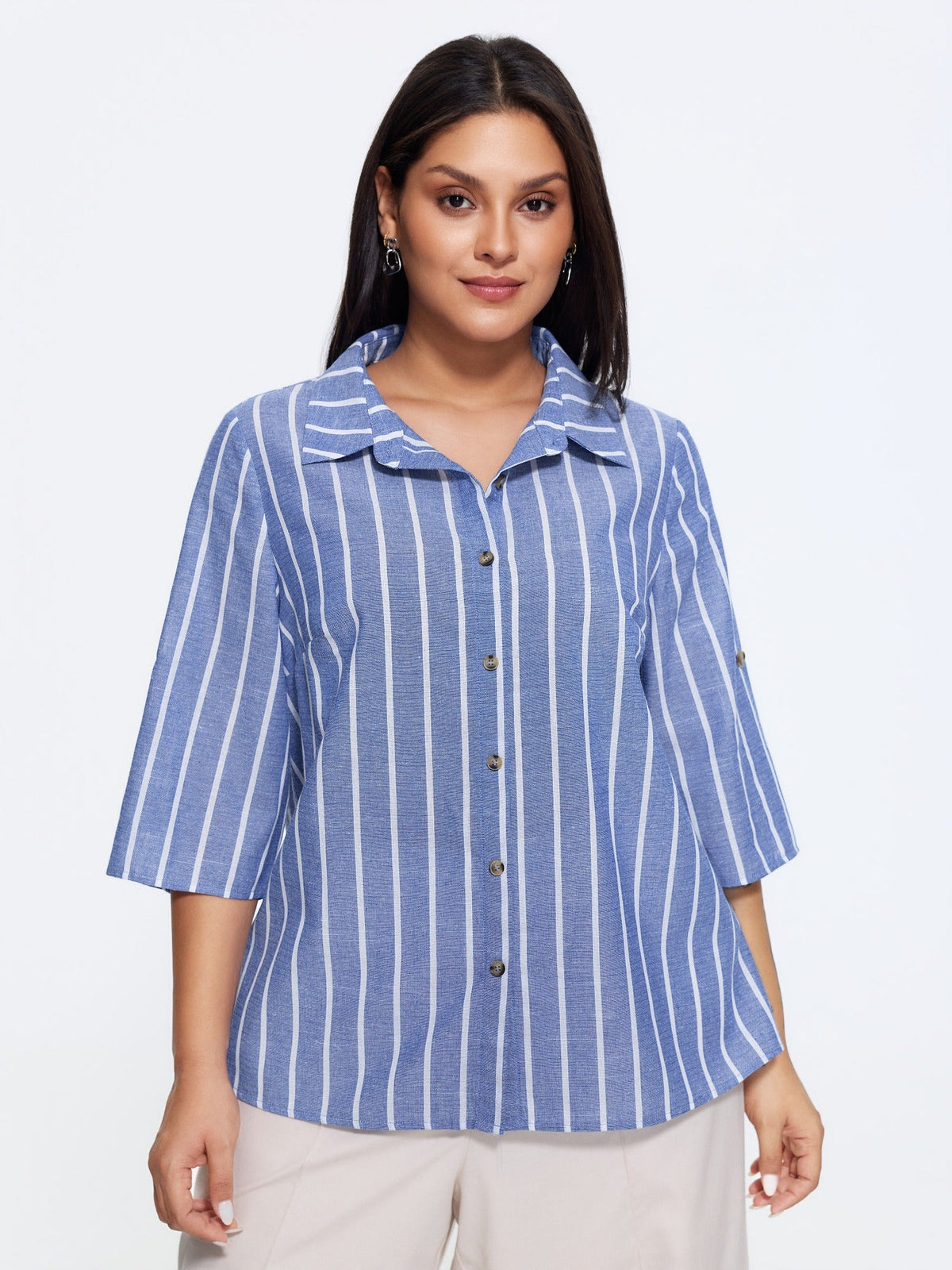 Stripe Print Button Front Tab Sleeve Blouse