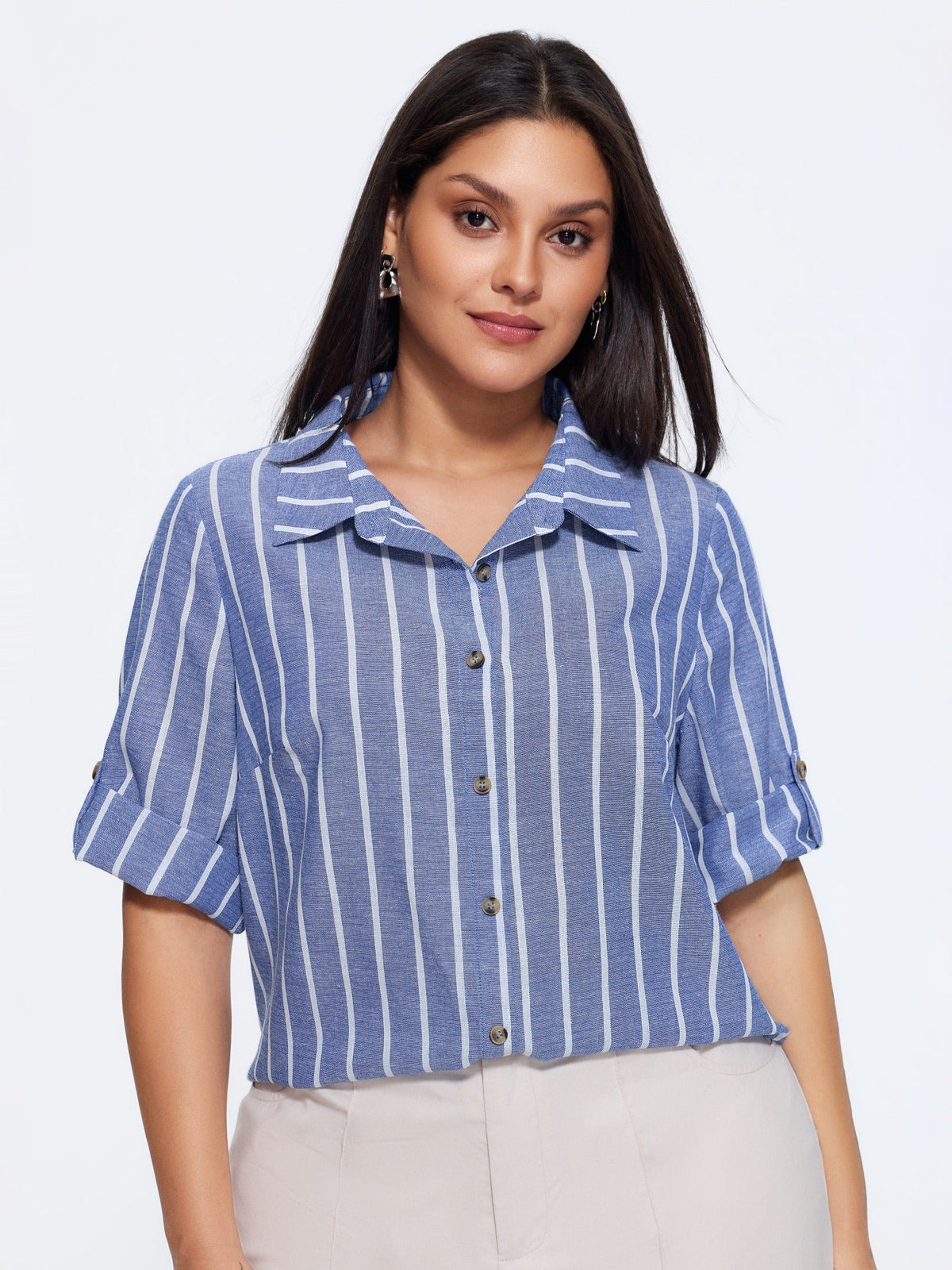 Stripe Print Button Front Tab Sleeve Blouse