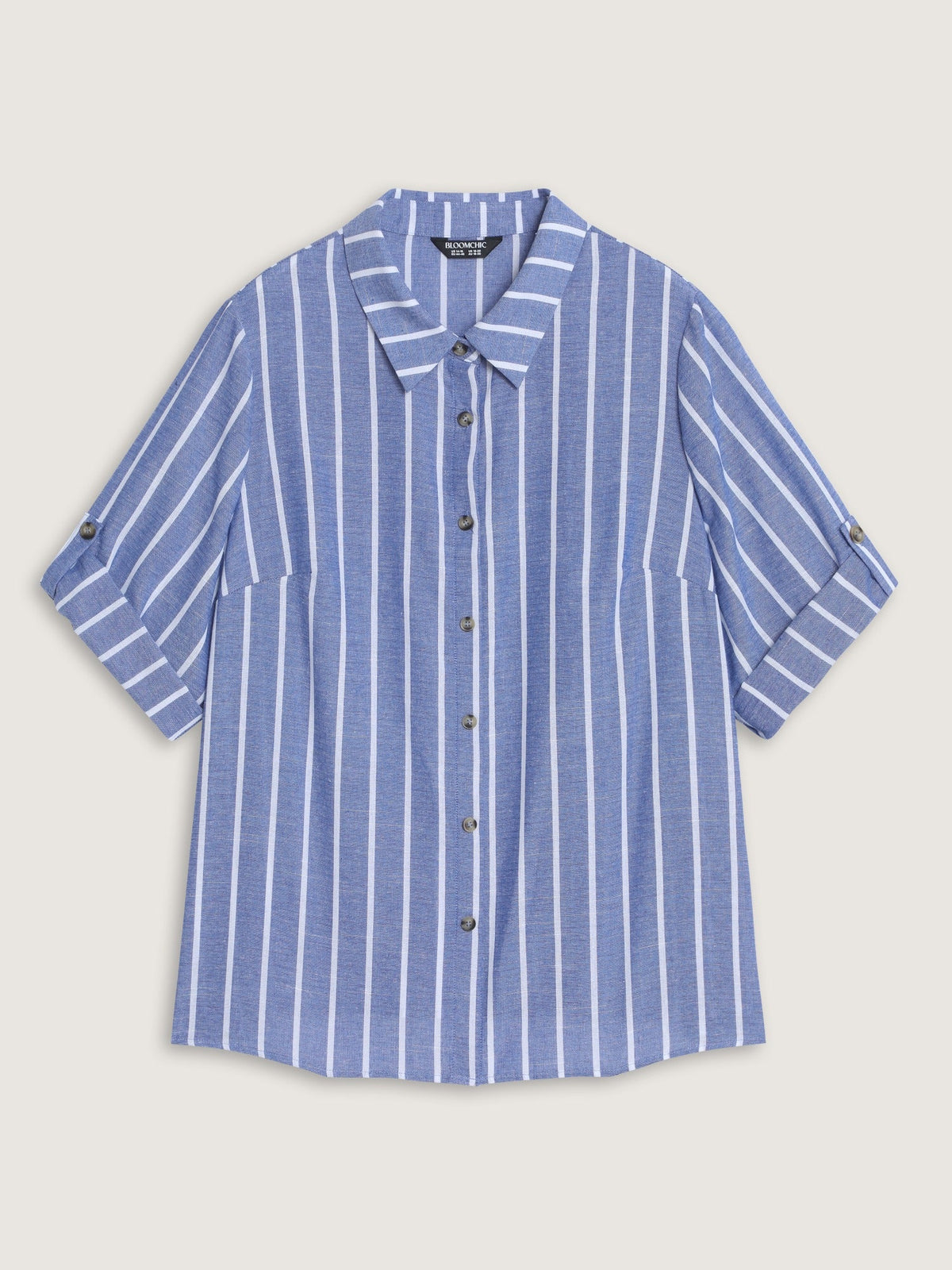 Stripe Print Button Front Tab Sleeve Blouse