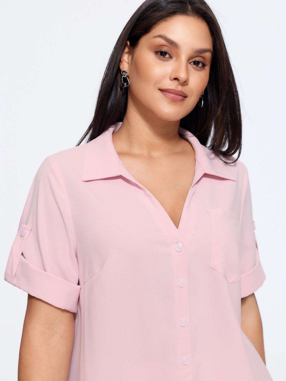 Button Front Roll Tab Sleeve Blouse