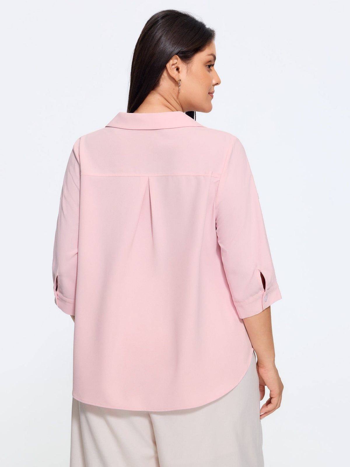 Button Front Roll Tab Sleeve Blouse