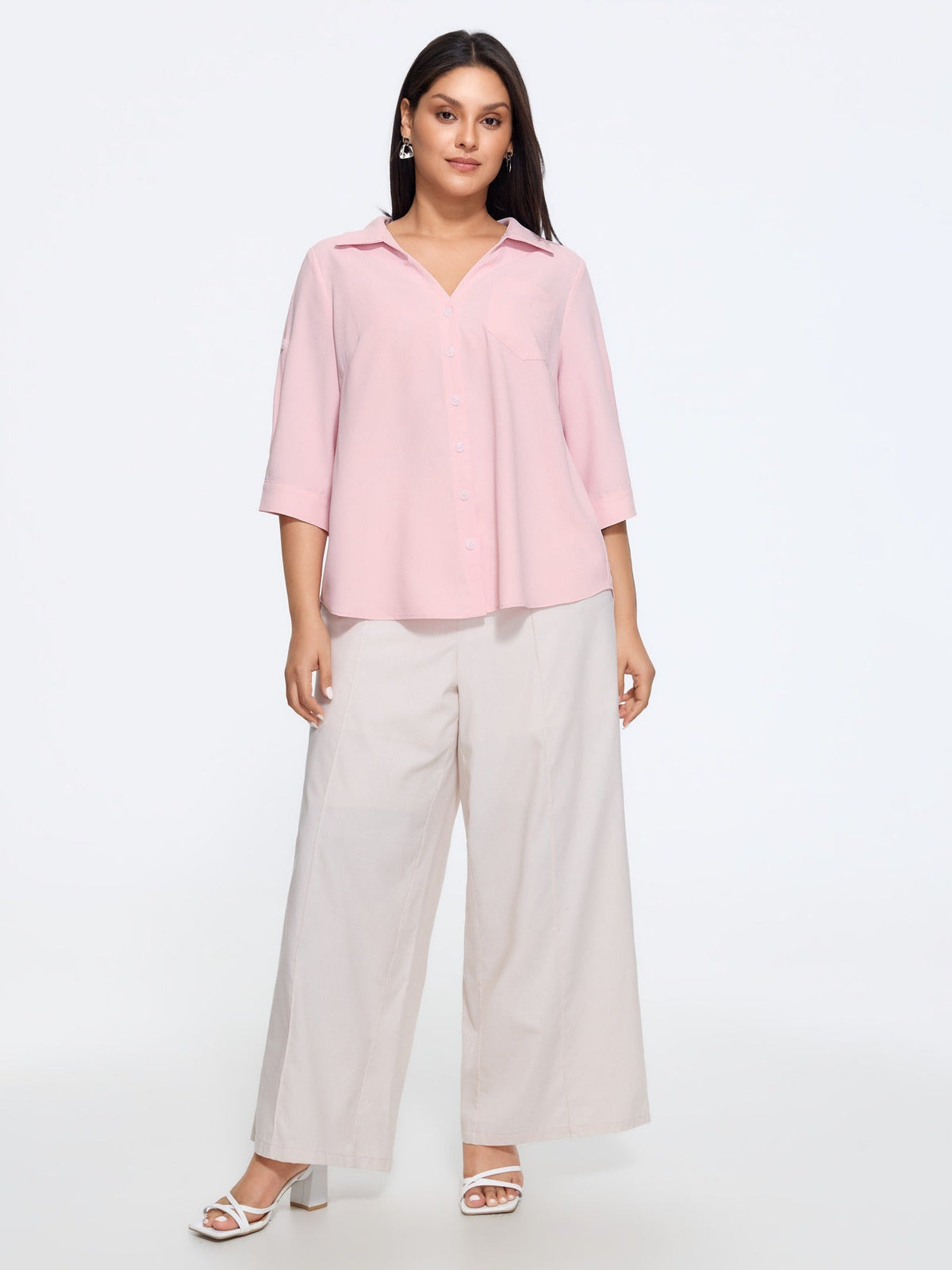 Button Front Roll Tab Sleeve Blouse