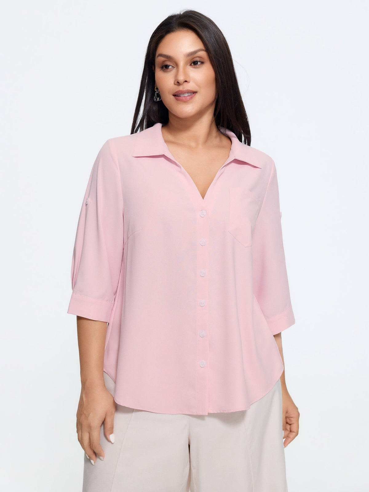 Button Front Roll Tab Sleeve Blouse