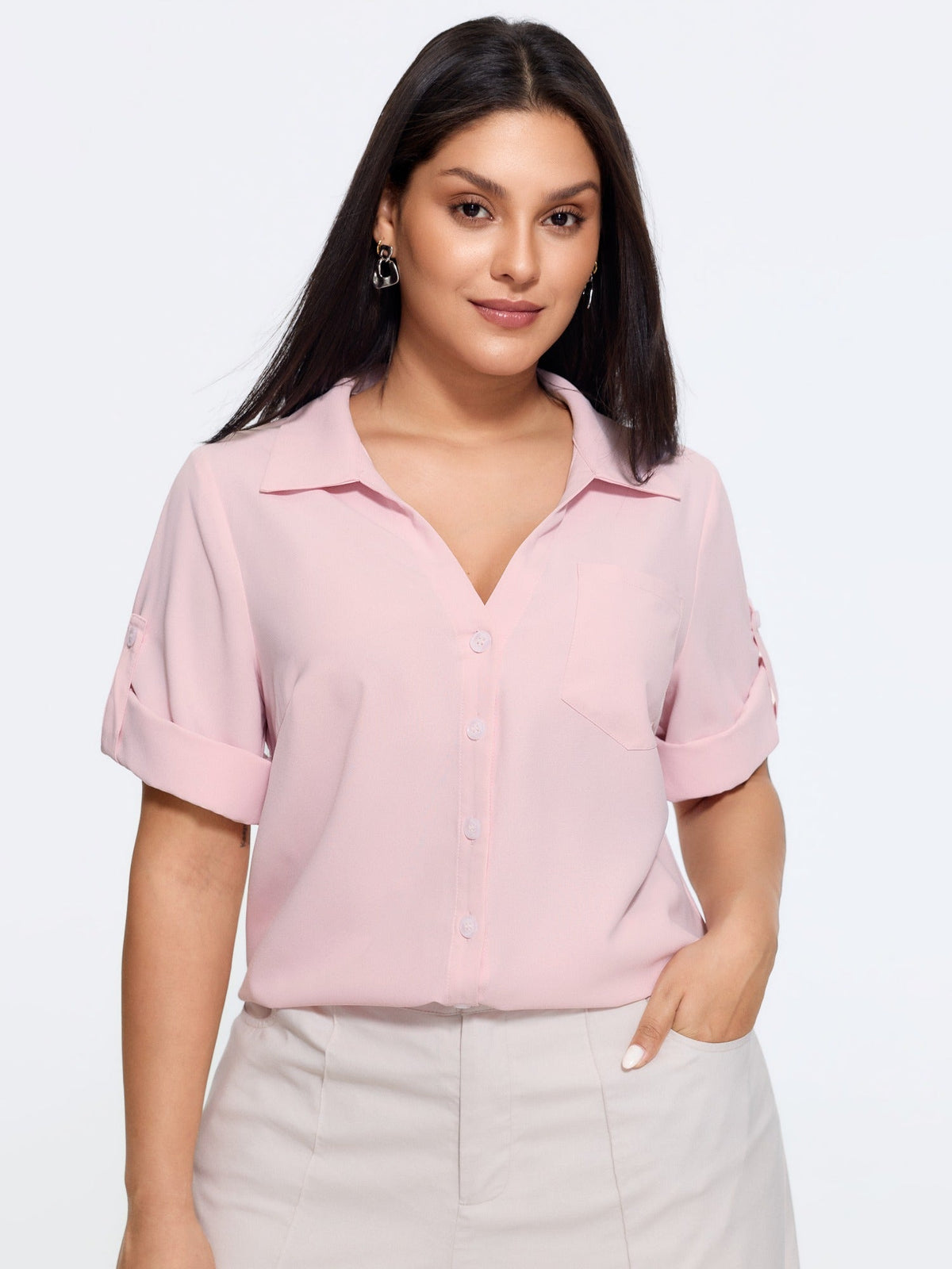 Button Front Roll Tab Sleeve Blouse