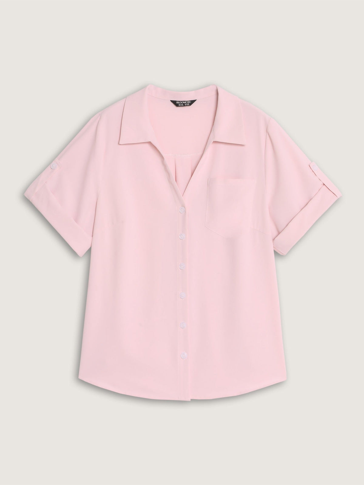 Button Front Roll Tab Sleeve Blouse