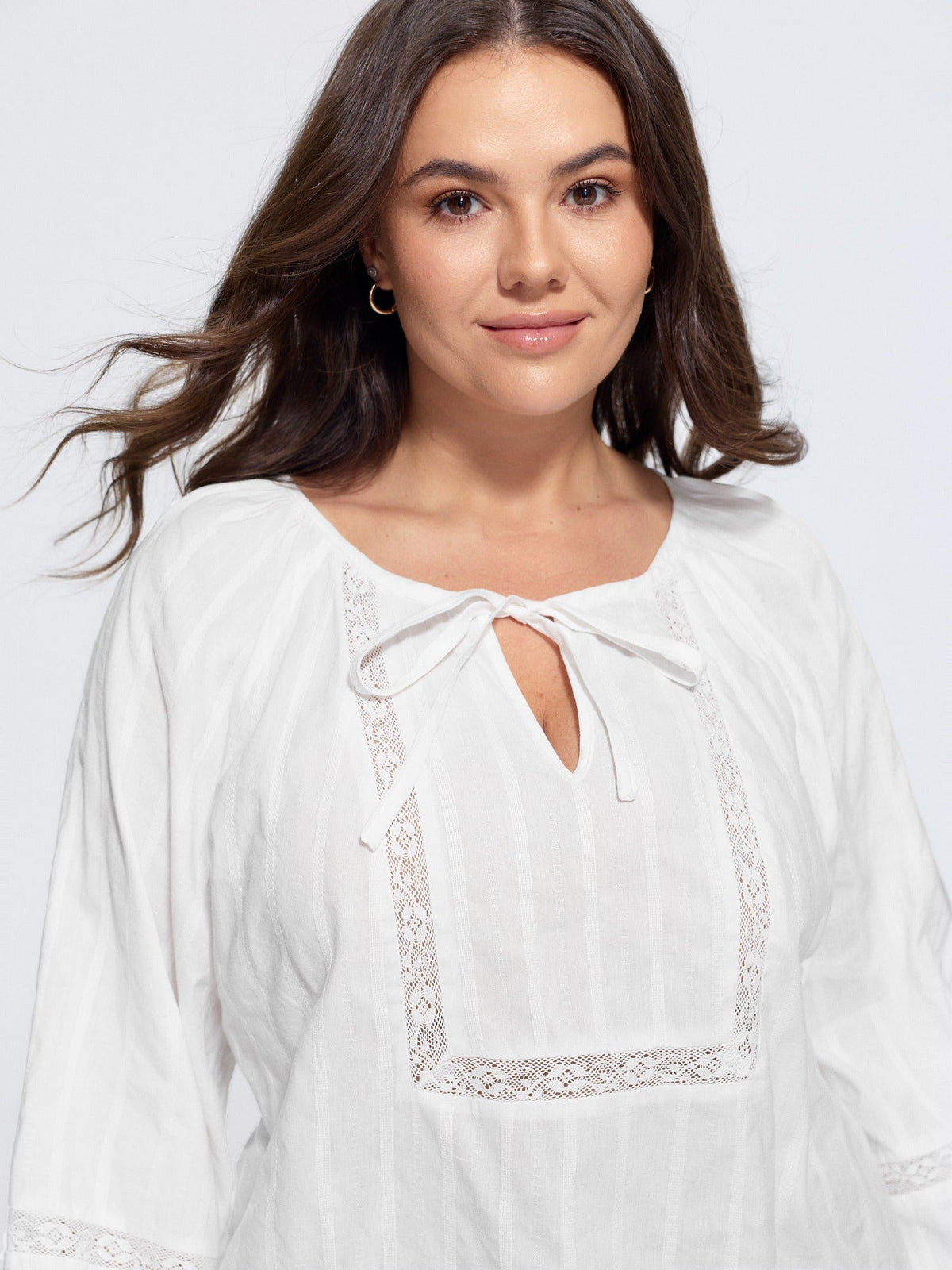 Supersoft Crochet Lace V Neck Drawstring Blouse