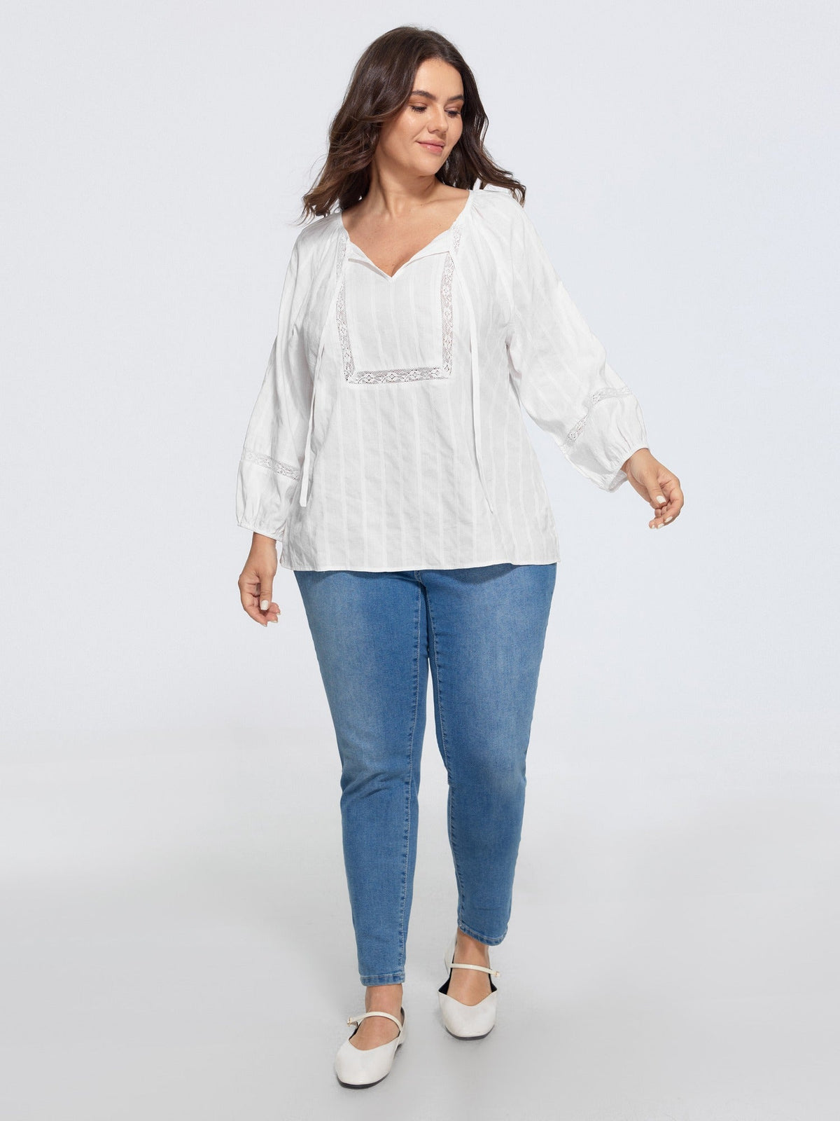 Supersoft Crochet Lace V Neck Drawstring Blouse