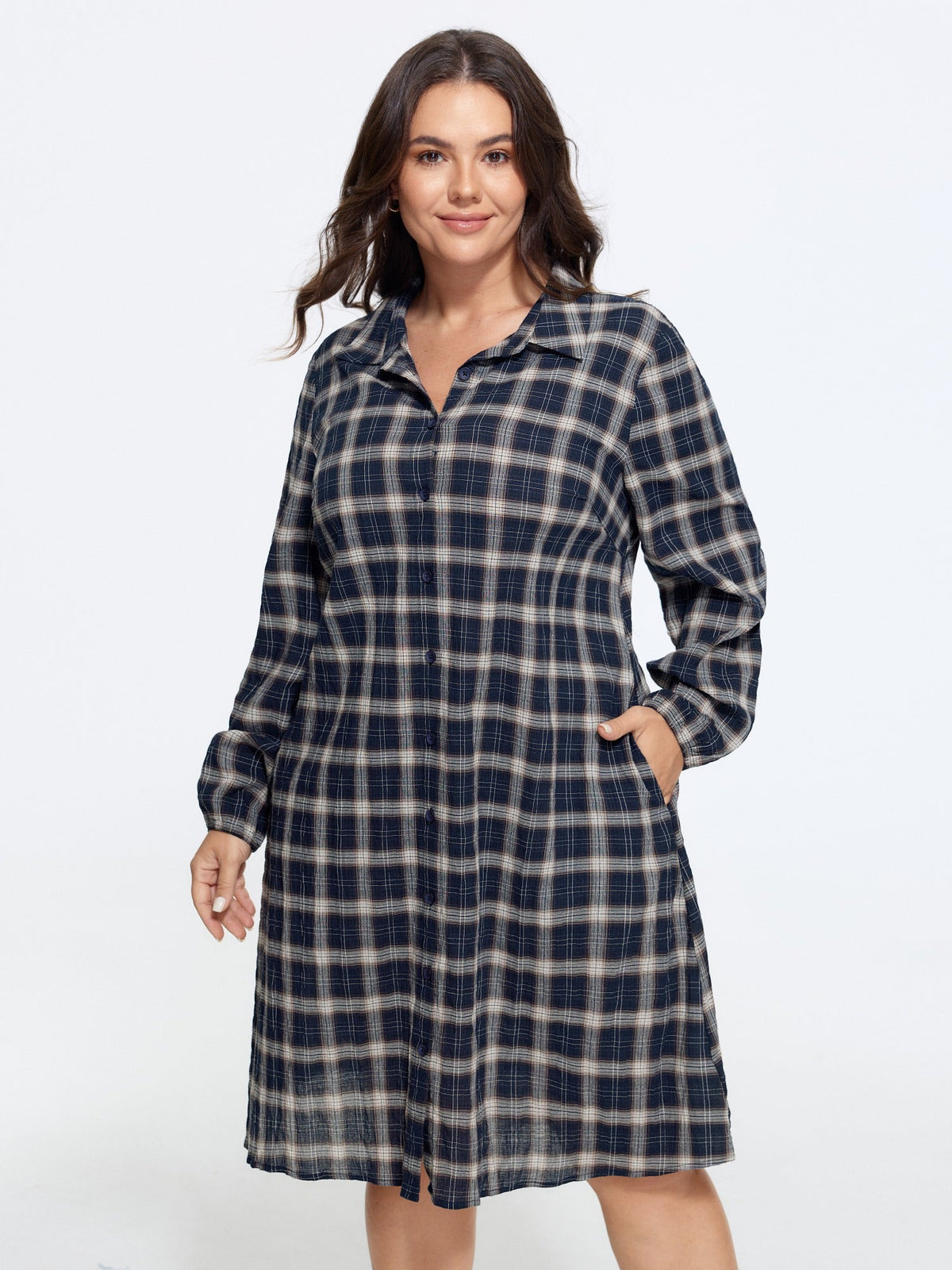 Cotton Plaid Print Lapel Collar Button Down Mini Dress