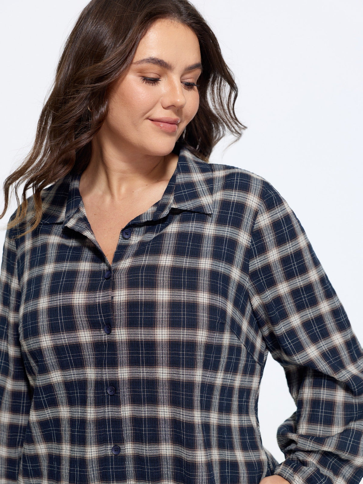 Cotton Plaid Print Lapel Collar Button Down Mini Dress