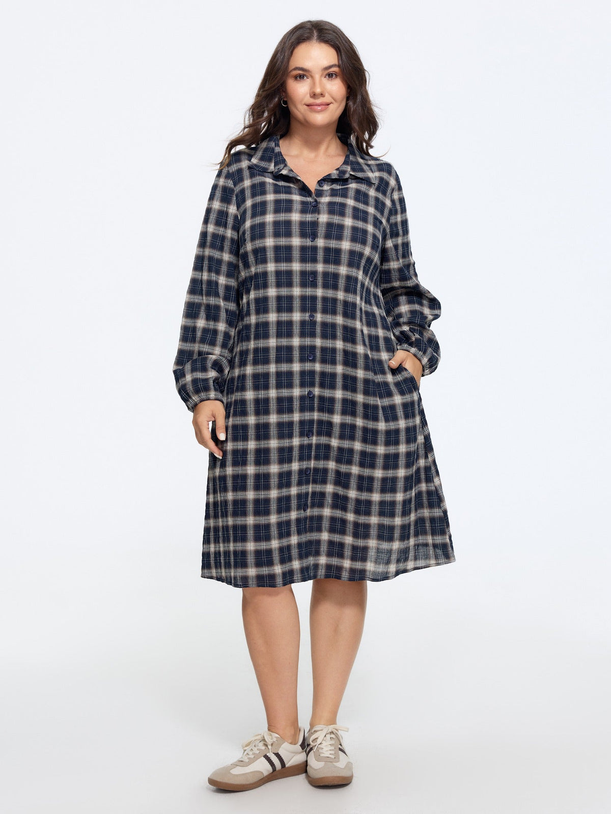 Cotton Plaid Print Lapel Collar Button Down Mini Dress
