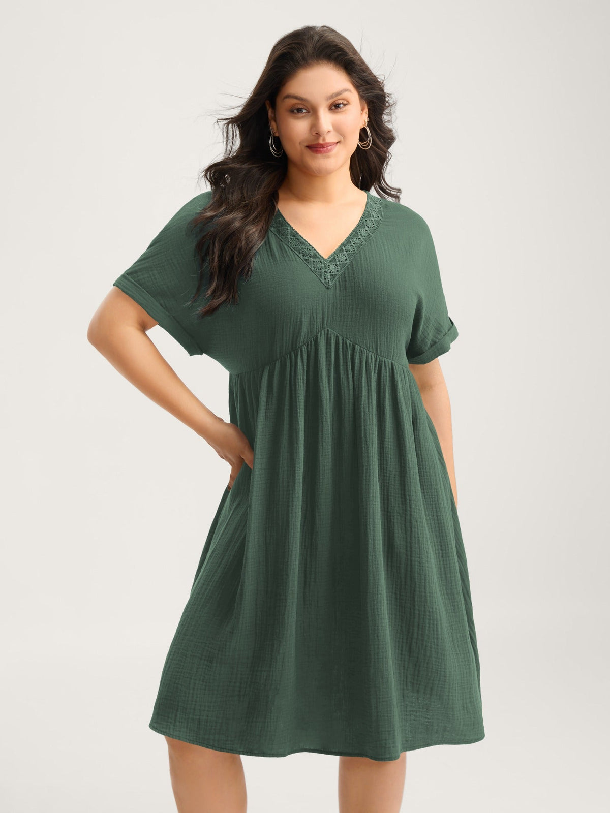 Pure Cotton Lace V-Neck Solid Mini Dress