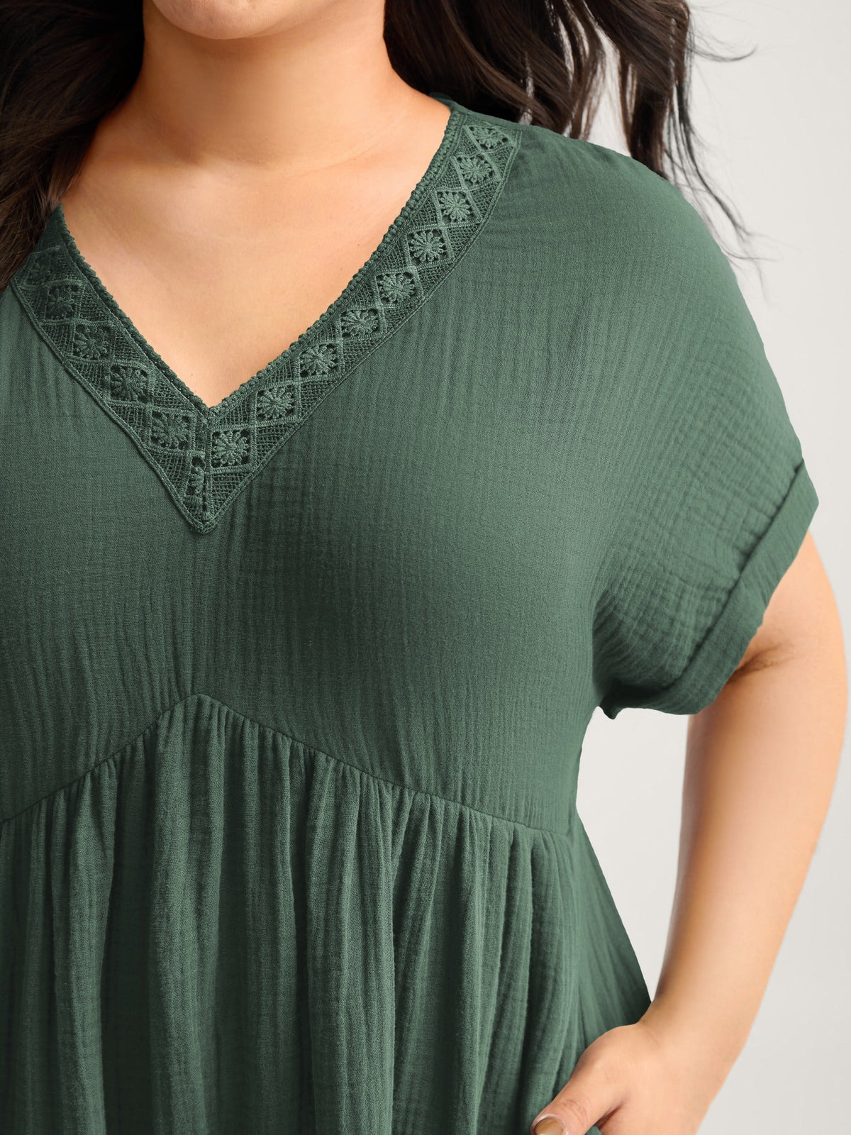 Pure Cotton Lace V-Neck Solid Mini Dress