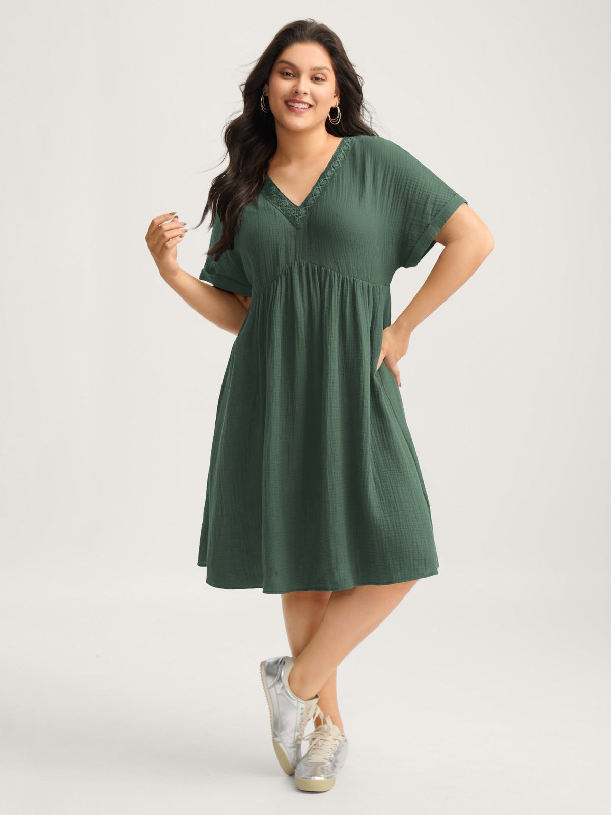 Pure Cotton Lace V-Neck Solid Mini Dress