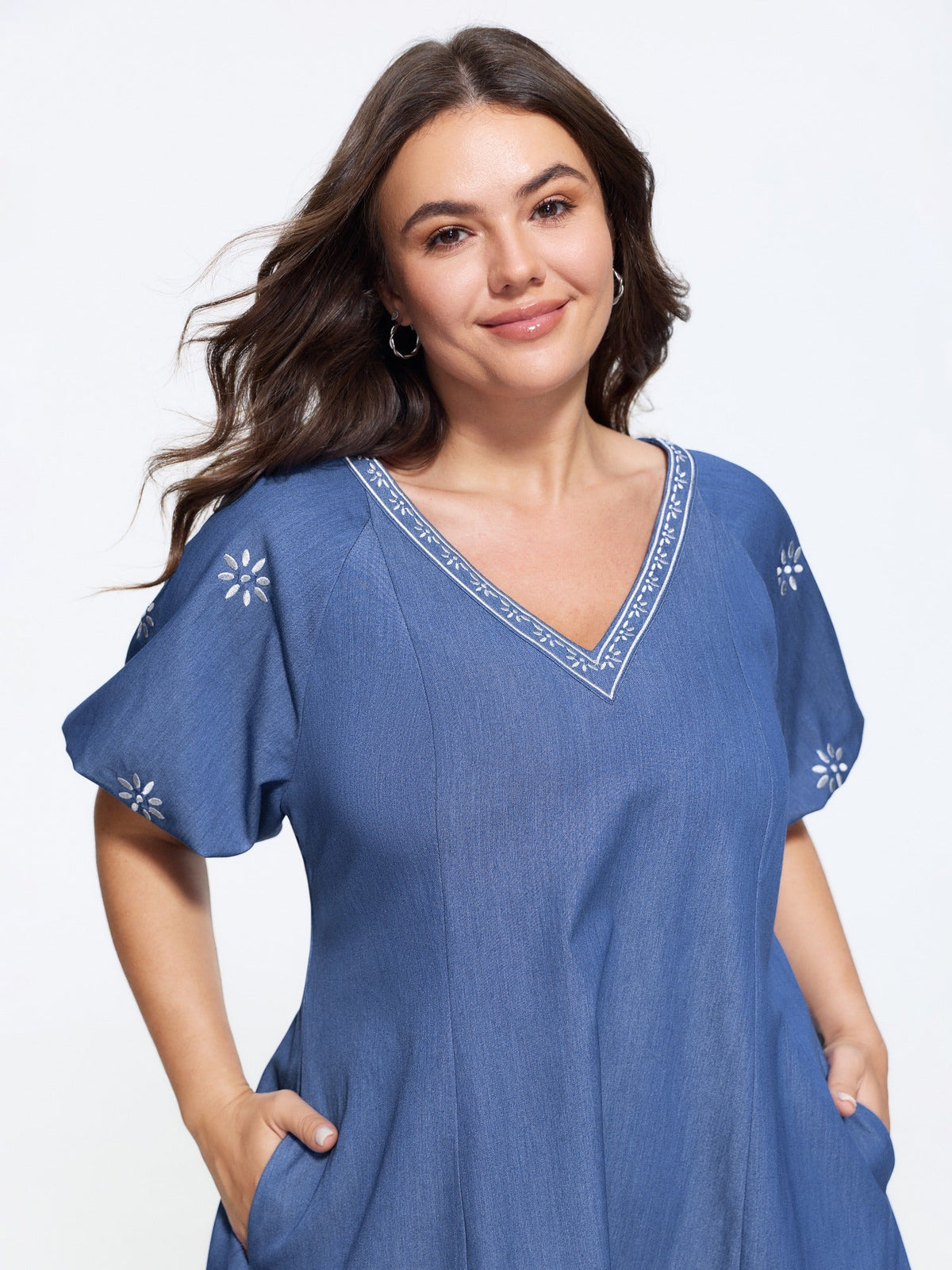 Supersoft Floral Embroidery V Neck Faux Denim Mini Dress