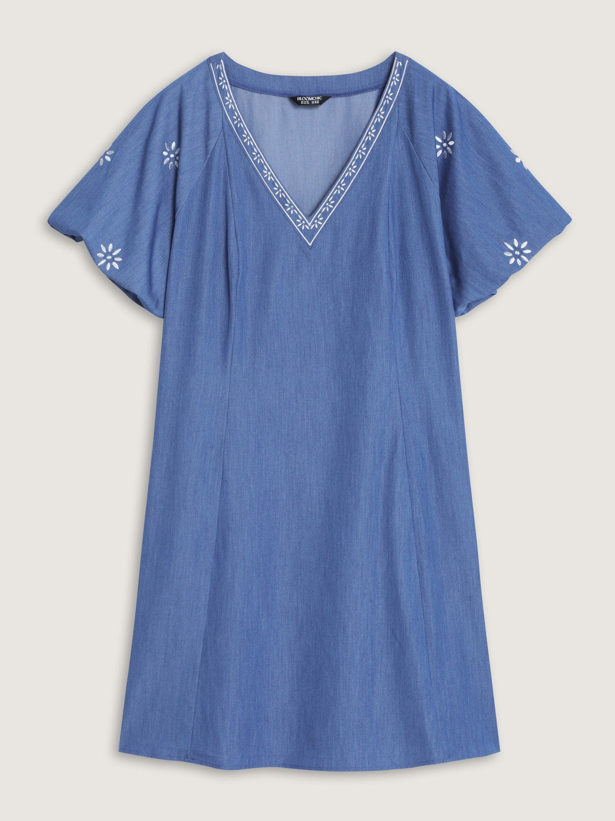 Supersoft Floral Embroidery V Neck Faux Denim Mini Dress