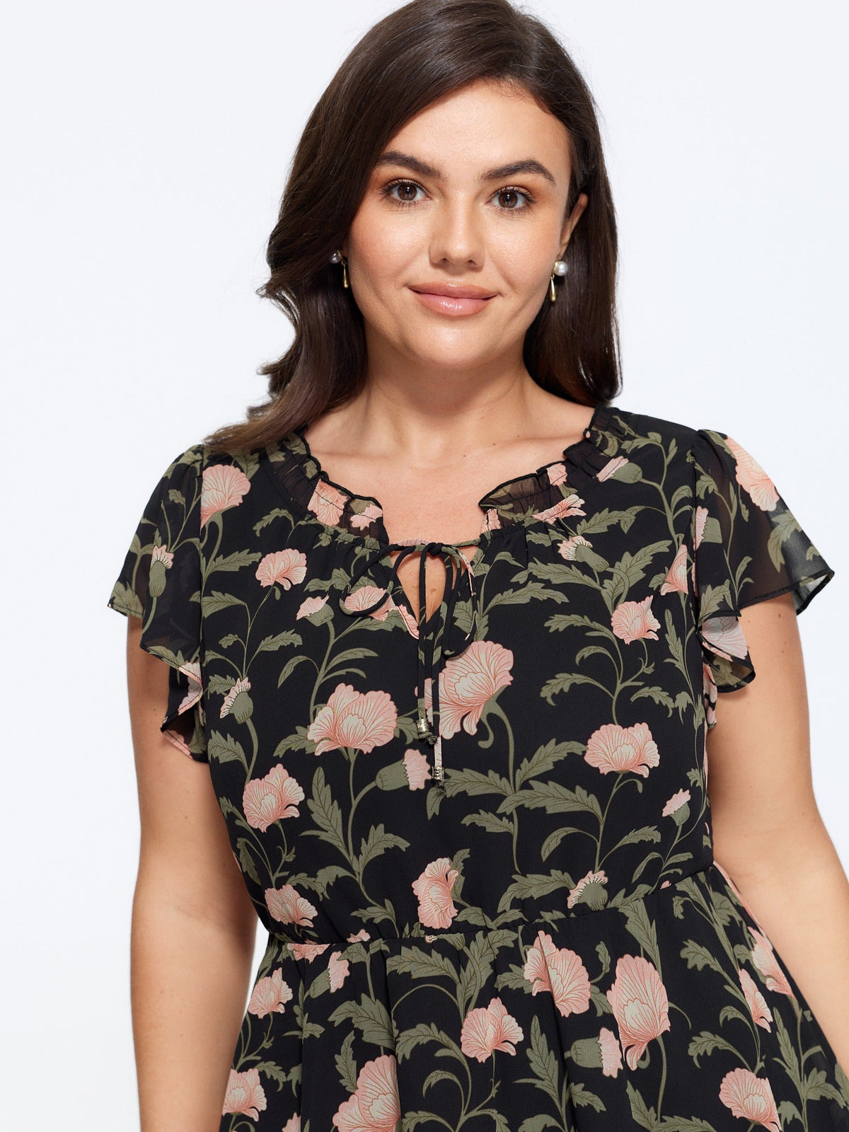 Floral Print Tie Neck Flutter Sleeve Peplum Blouse