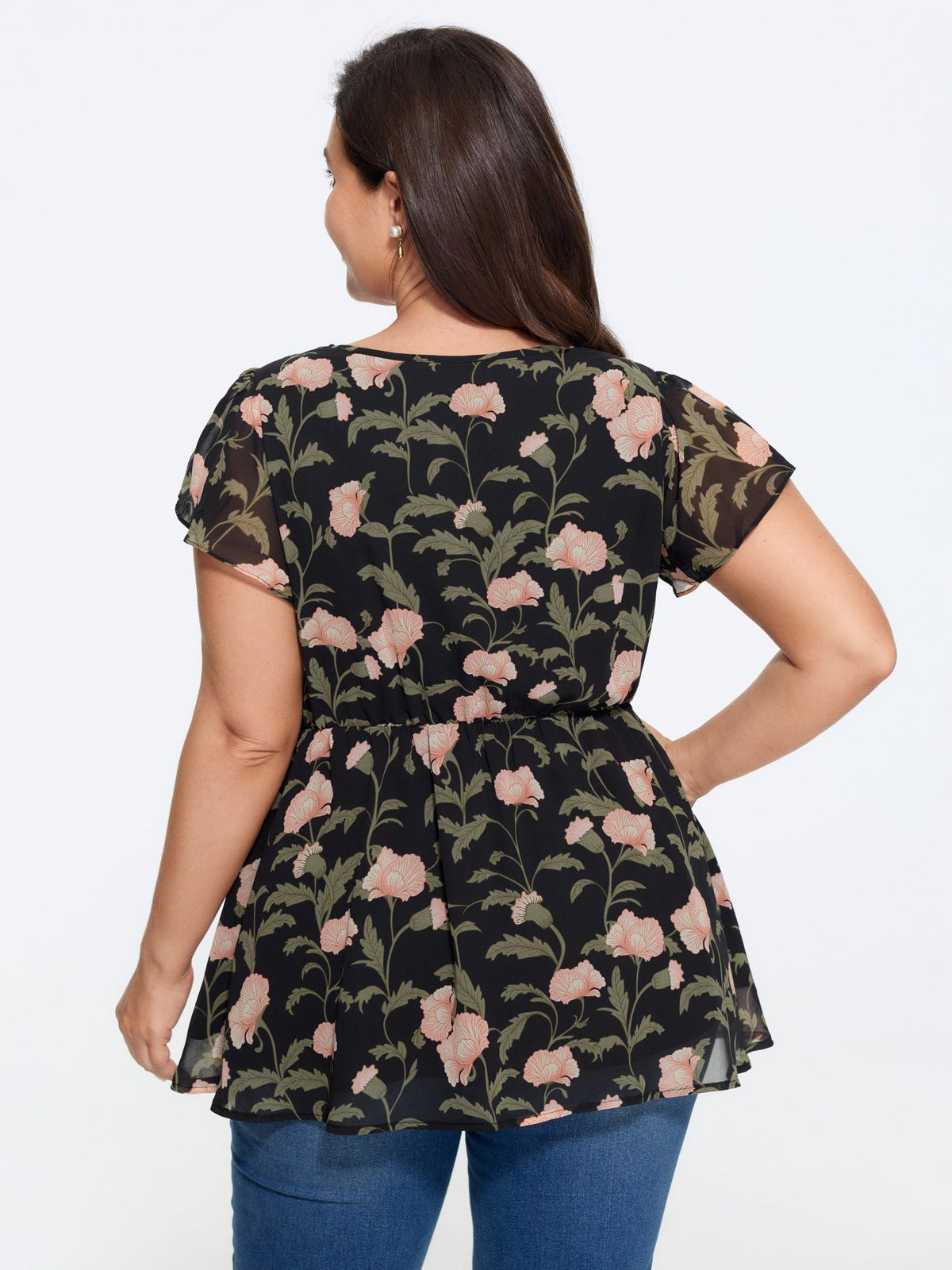 Floral Print Tie Neck Flutter Sleeve Peplum Blouse