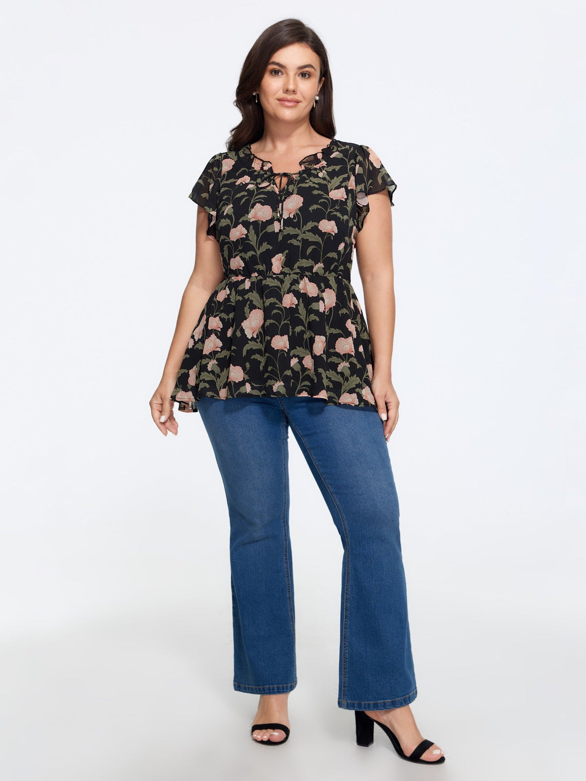 Floral Print Tie Neck Flutter Sleeve Peplum Blouse