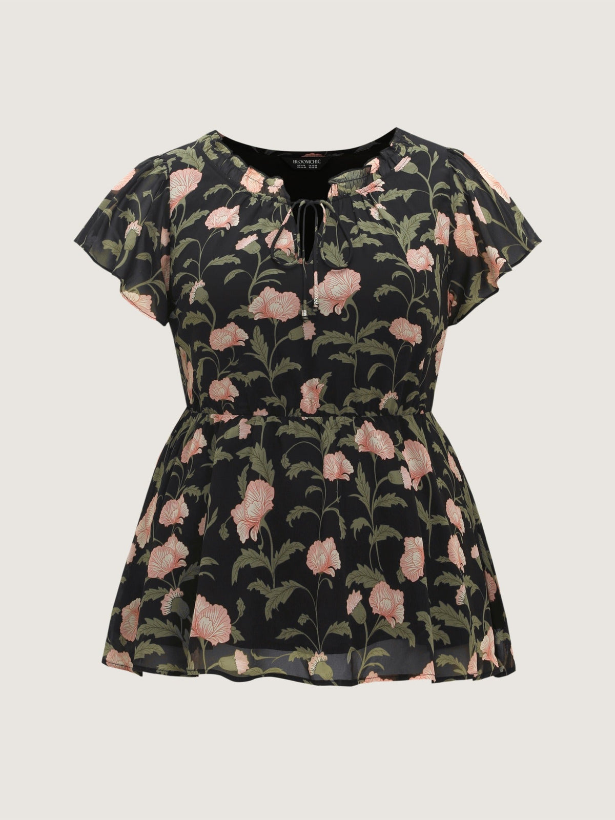 Floral Print Tie Neck Flutter Sleeve Peplum Blouse