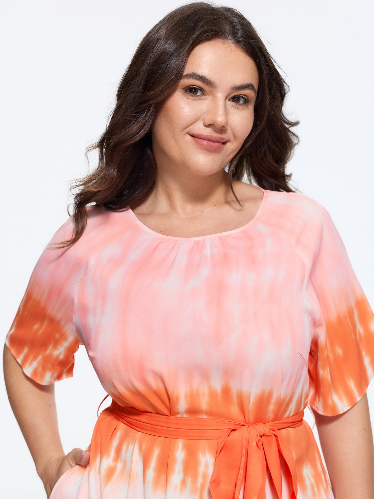 Gradient Tie Dye Print Round Neck Waist Tie Midi Dress