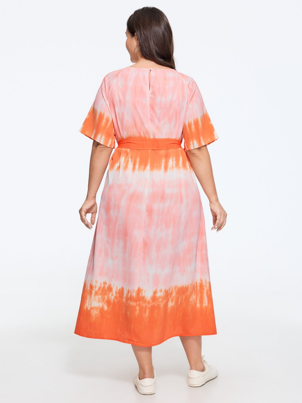 Gradient Tie Dye Print Round Neck Waist Tie Midi Dress