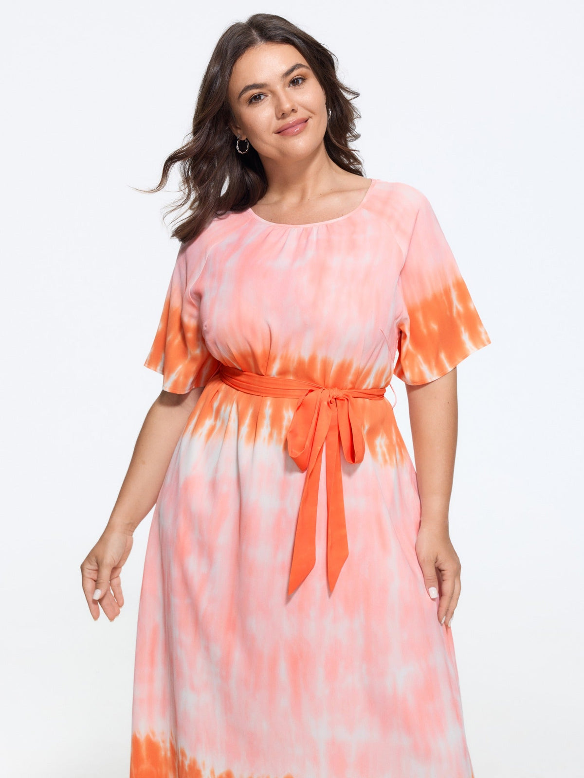 Gradient Tie Dye Print Round Neck Waist Tie Midi Dress