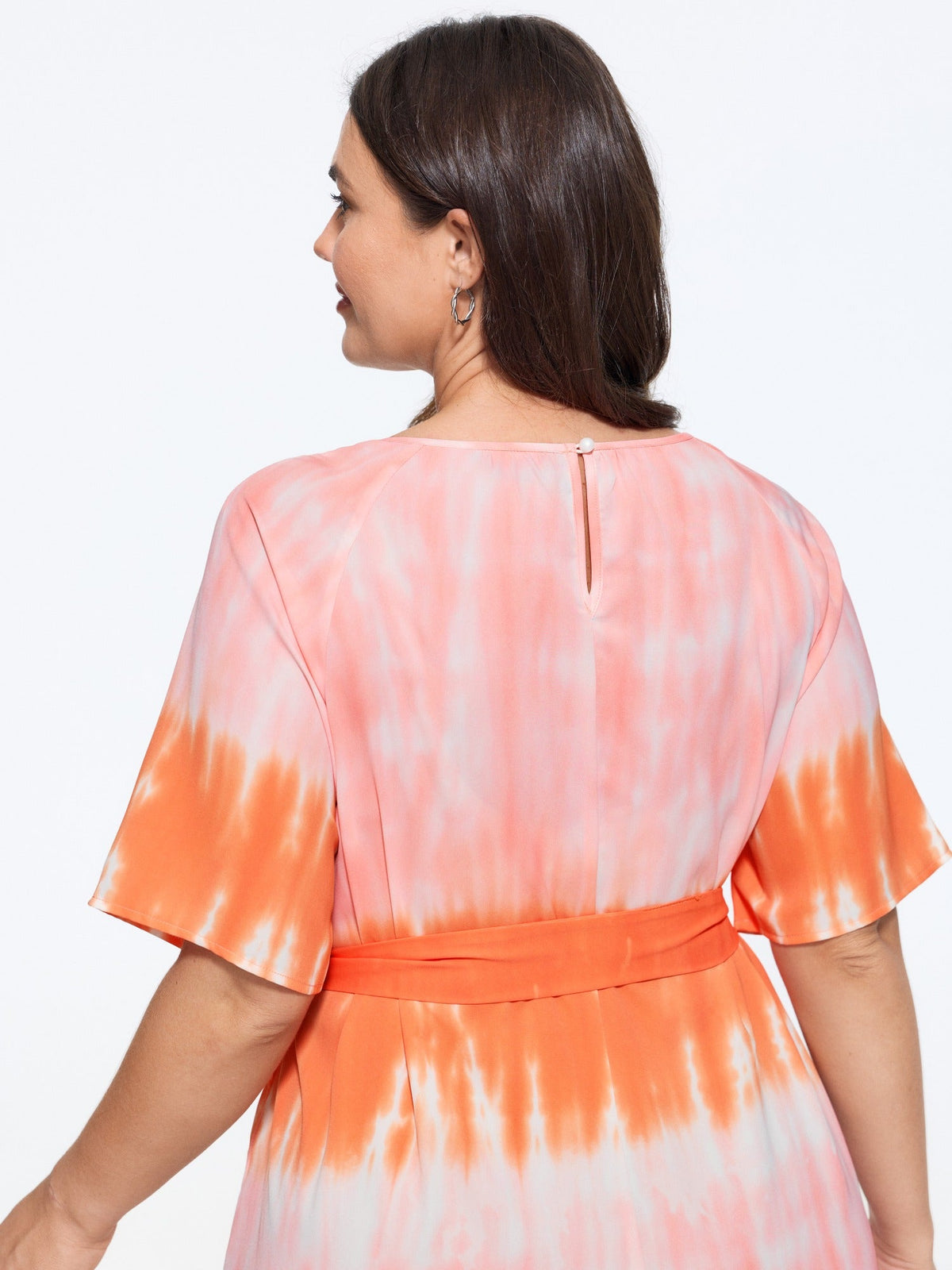 Gradient Tie Dye Print Round Neck Waist Tie Midi Dress