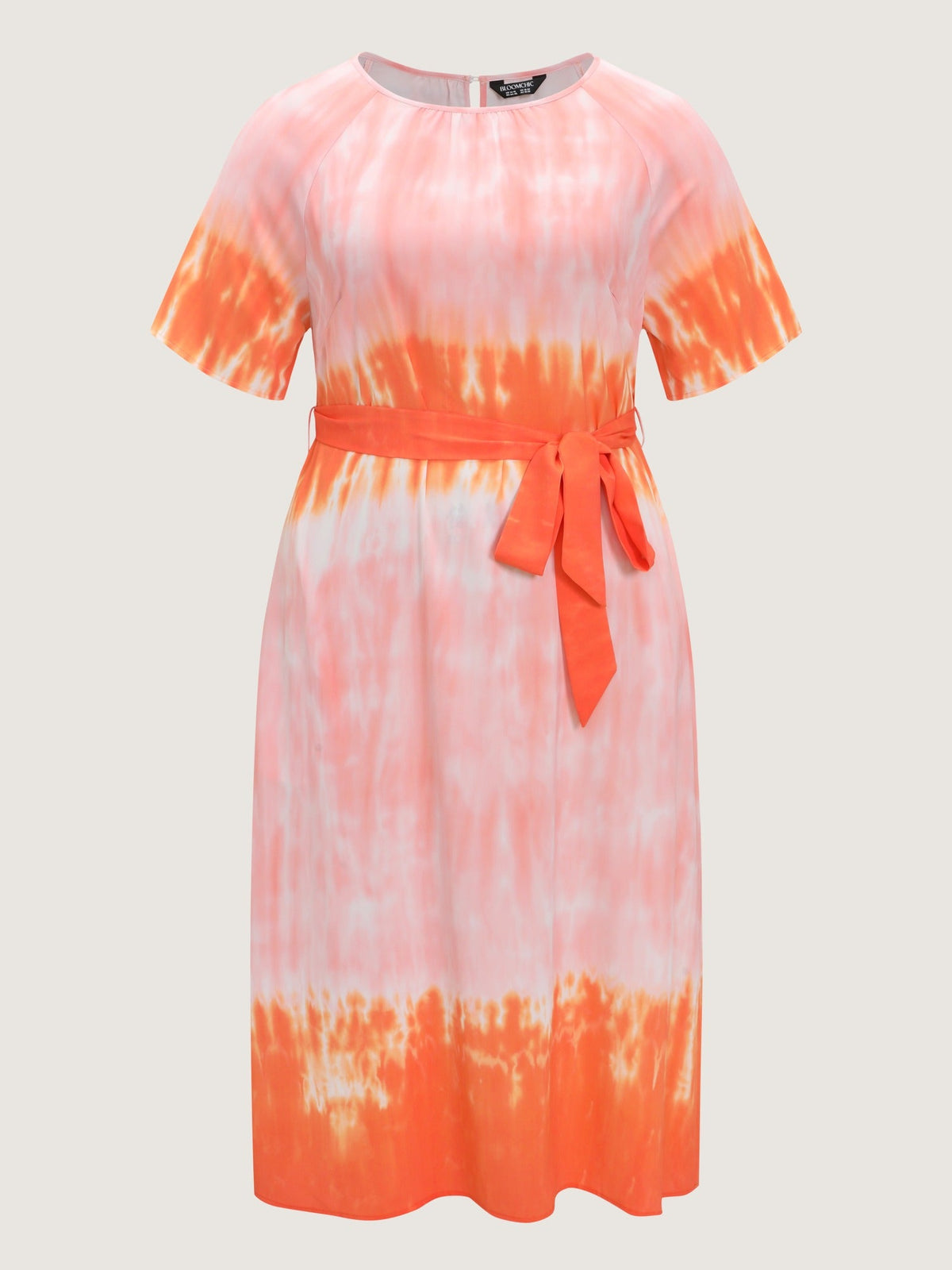 Gradient Tie Dye Print Round Neck Waist Tie Midi Dress