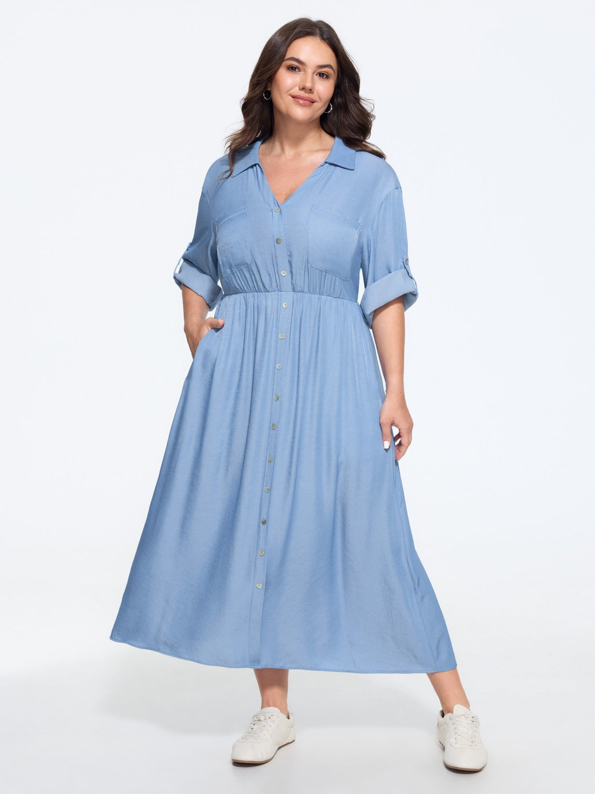 Textured Roll Tab Sleeve Pocket Midi Dress