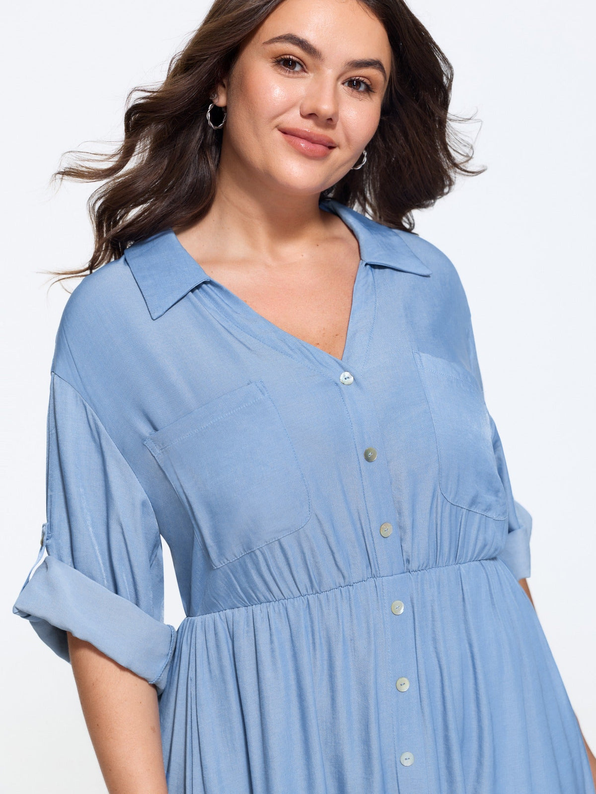 Textured Roll Tab Sleeve Pocket Midi Dress