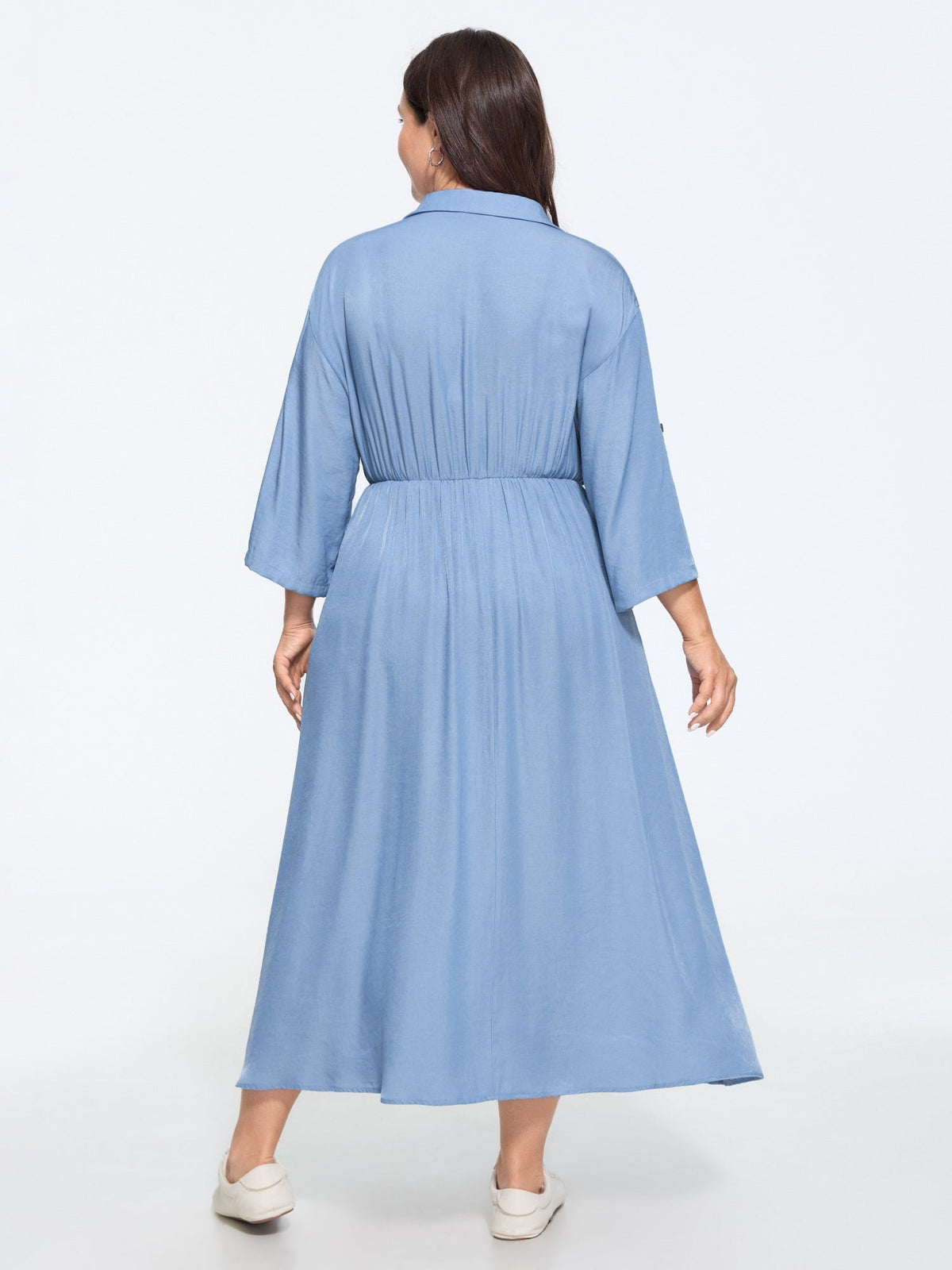 Textured Roll Tab Sleeve Pocket Midi Dress