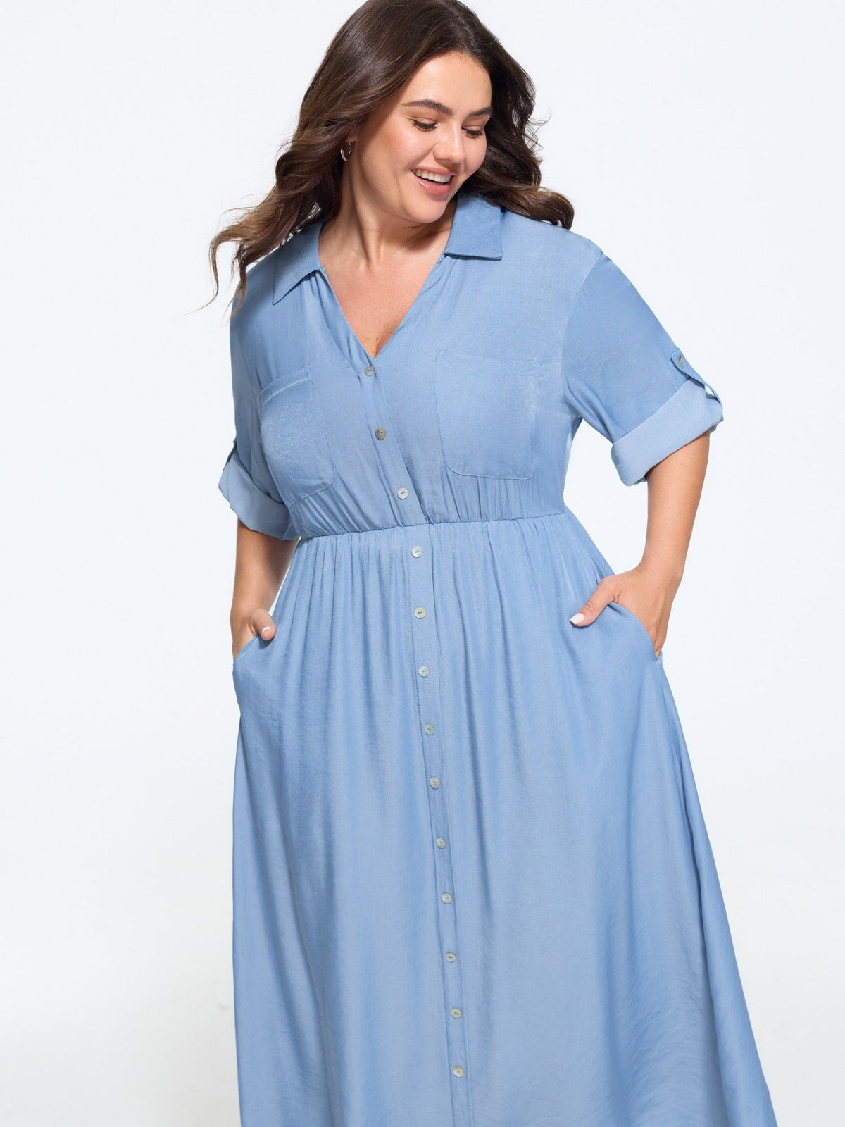 Textured Roll Tab Sleeve Pocket Midi Dress