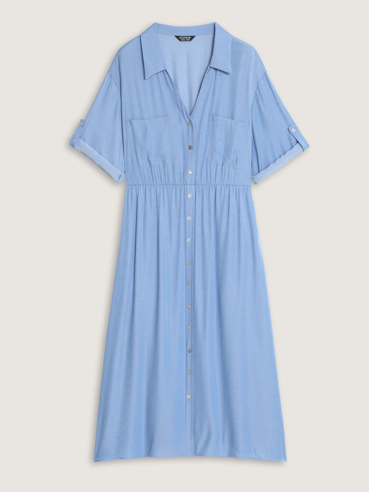 Textured Roll Tab Sleeve Pocket Midi Dress