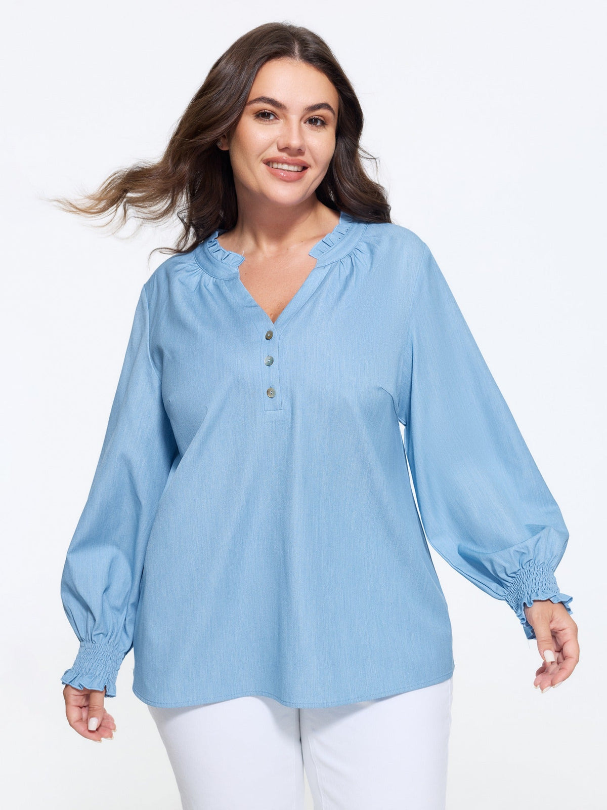 Notched Collar Half Button Shirred Cuff Blouse