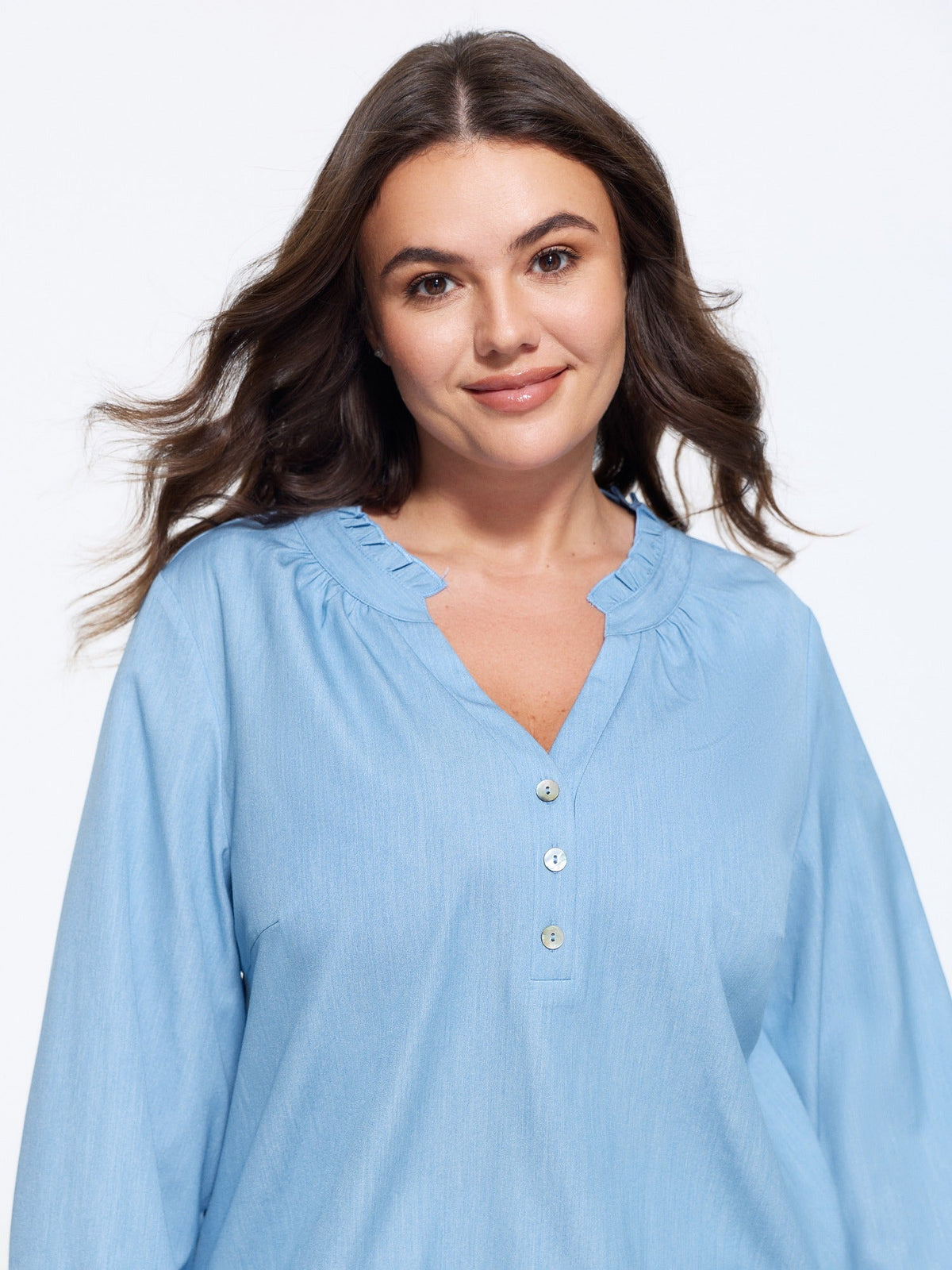 Notched Collar Half Button Shirred Cuff Blouse