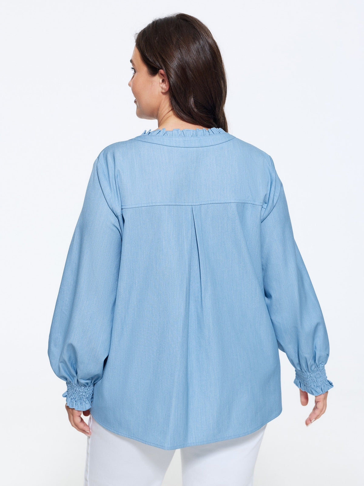Notched Collar Half Button Shirred Cuff Blouse